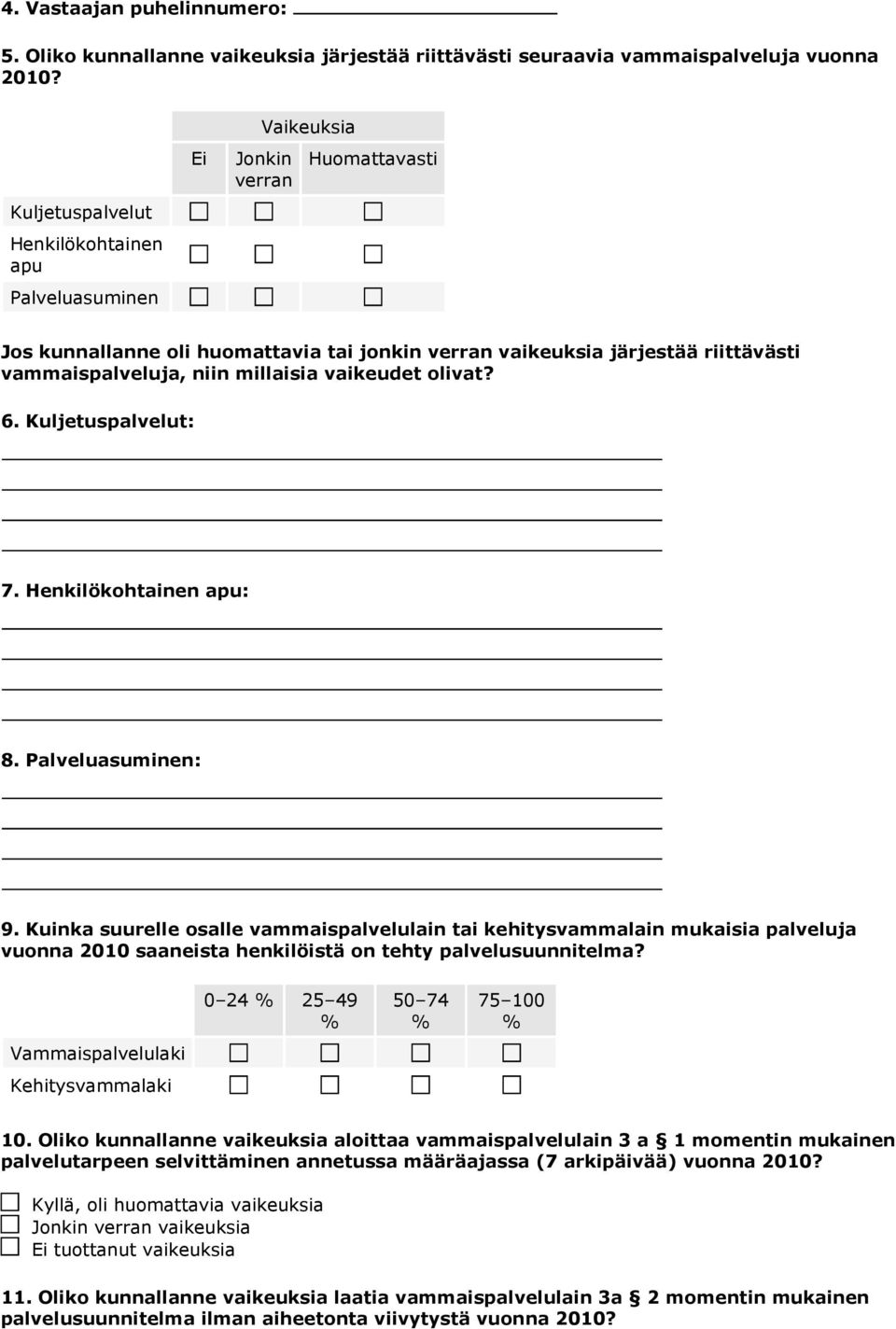 niin millaisia vaikeudet olivat? 6. Kuljetuspalvelut: 7. Henkilökohtainen apu: 8. Palveluasuminen: 9.