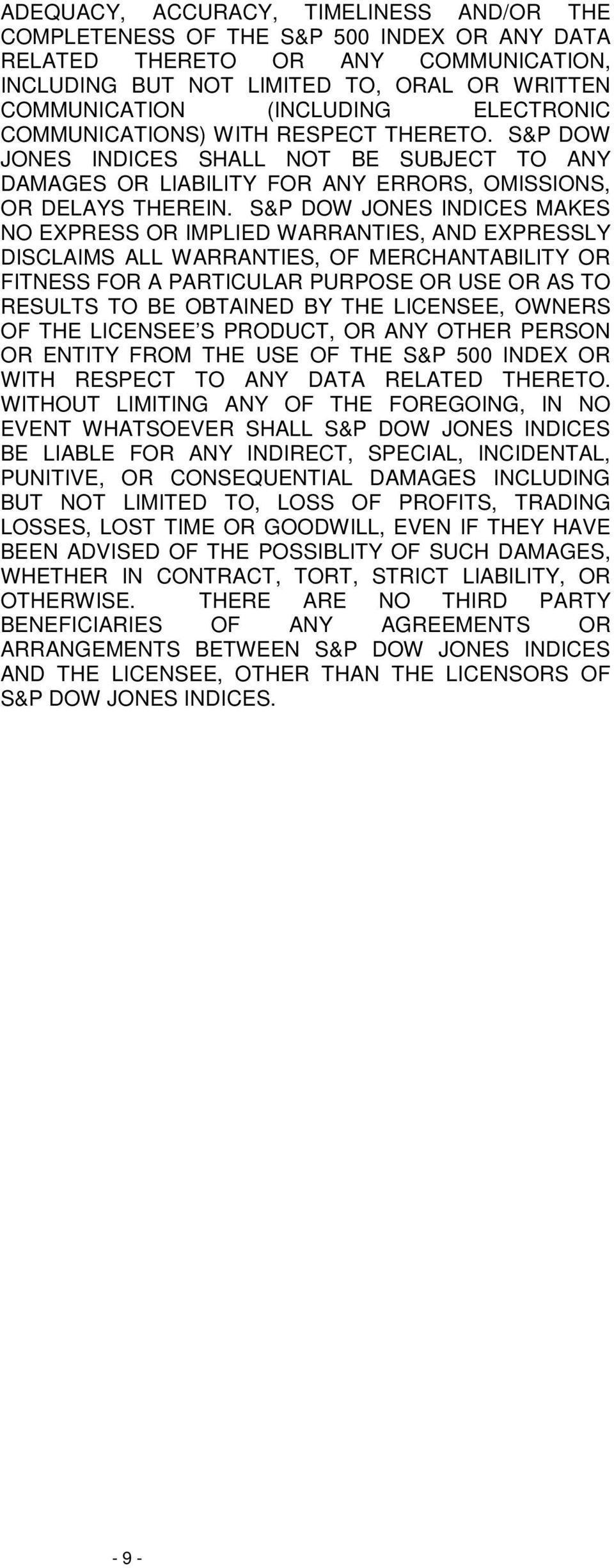 S&P DOW JONES INDICES MAKES NO EXPRESS OR IMPLIED WARRANTIES, AND EXPRESSLY DISCLAIMS ALL WARRANTIES, OF MERCHANTABILITY OR FITNESS FOR A PARTICULAR PURPOSE OR USE OR AS TO RESULTS TO BE OBTAINED BY