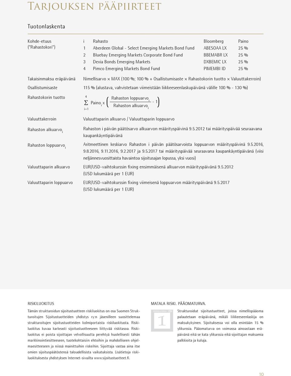 Osallistumisaste Rahastokorin tuotto Valuuttakerroin) Osallistumisaste 115 % (alustava, vahvistetaan viimeistään liikkeeseenlaskupäivänä välille 100 % - 130 %) Rahastokorin tuotto 4 Σ ( i=1 Rahaston