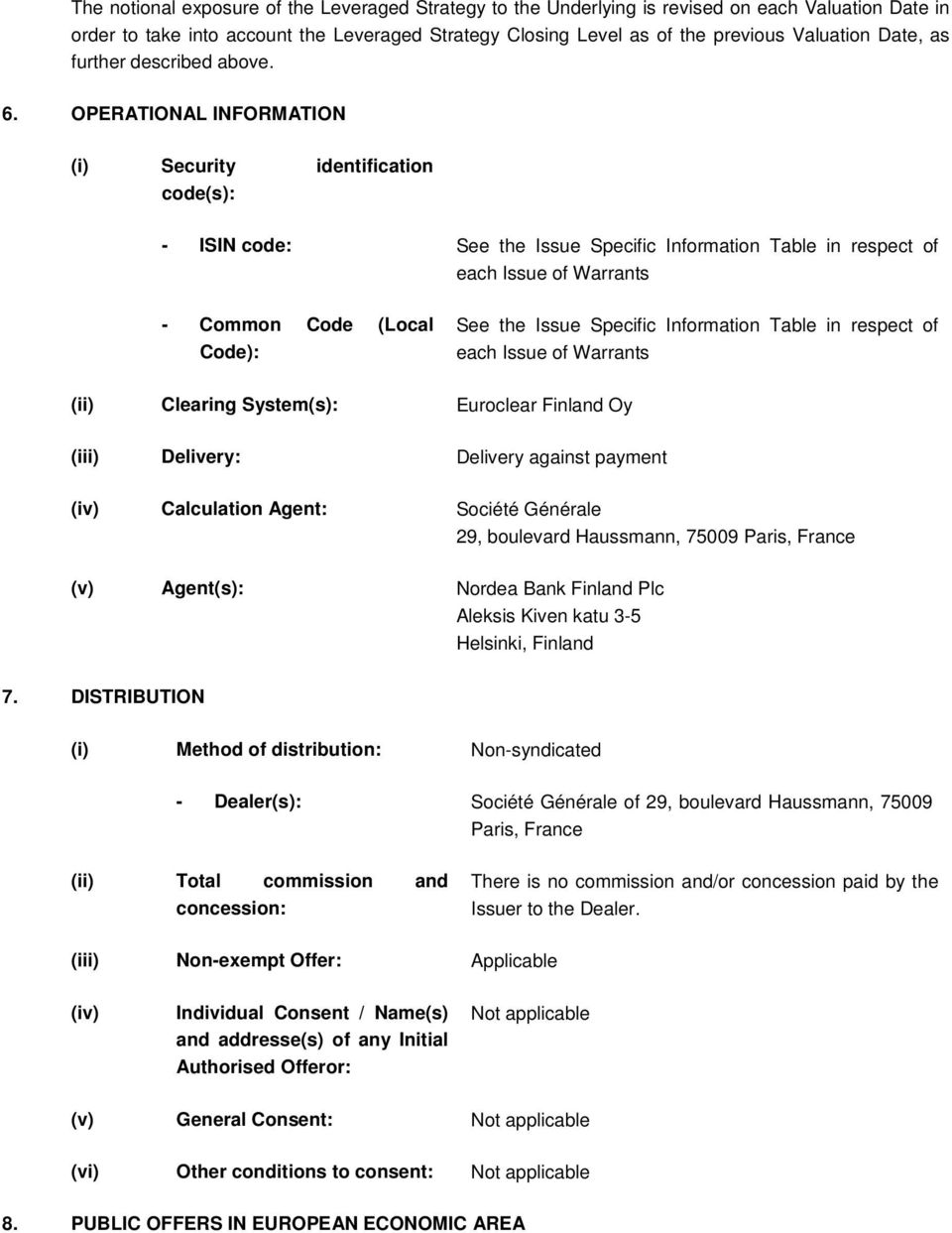 OPERATIONAL INFORMATION (i) Security identification code(s): - ISIN code: See the Issue Specific Information Table in respect of each Issue of Warrants - Common Code (Local Code): See the Issue