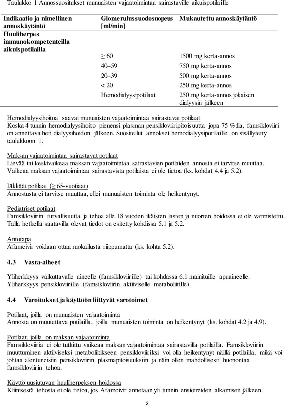 Hemodialyysihoitoa saavat munuaisten vajaatoimintaa sairastavat potilaat Koska 4 tunnin hemodialyysihoito pienensi plasman pensikloviiripitoisuutta jopa 75 %:lla, famsikloviiri on annettava heti