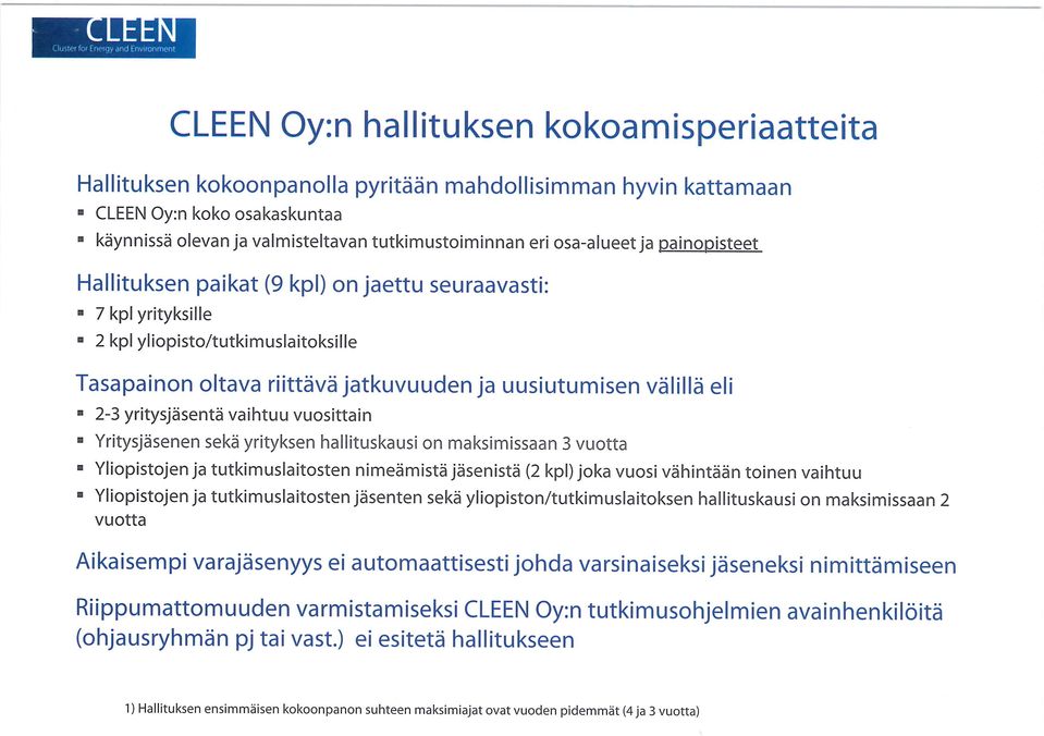 2-3 yritysjäsentä vaihtuu vuosittain Yritysjäsenen sekä yrityksen hallituskausi on maksimissaan 3 vuotta Yliopistojen ja tutkimuslaitosten nimeämistä jäsenistä (2 kpl) joka vuosi vähintään toinen