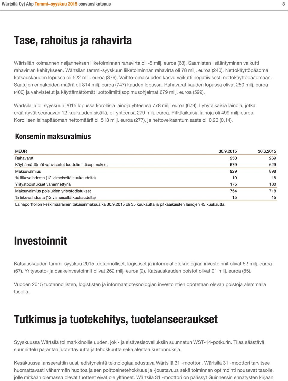 Vaihto-omaisuuden kasvu vaikutti negatiivisesti nettokäyttöpääomaan. Saatujen ennakoiden määrä oli 814 milj. euroa (747) kauden lopussa. Rahavarat kauden lopussa olivat 250 milj.