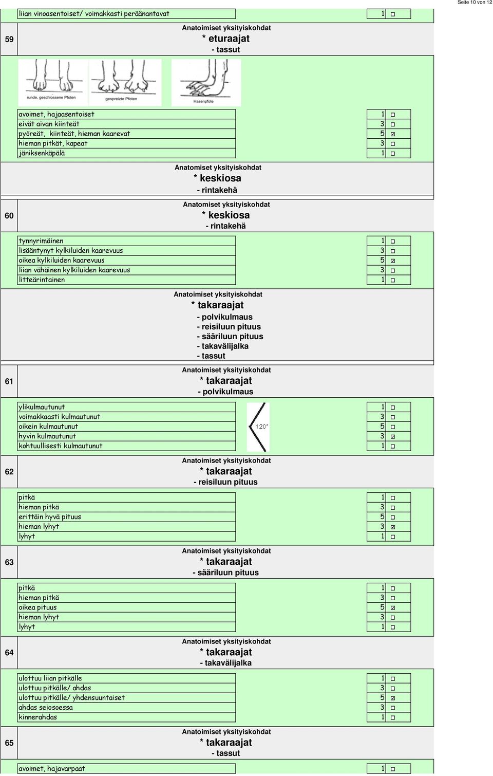 vähäinen kylkiluiden kaarevuus litteärintainen 6 * takaraajat - polvikulmaus - reisiluun pituus - sääriluun pituus - takavälijalka - tassut * takaraajat - polvikulmaus ylikulmautunut voimakkaasti