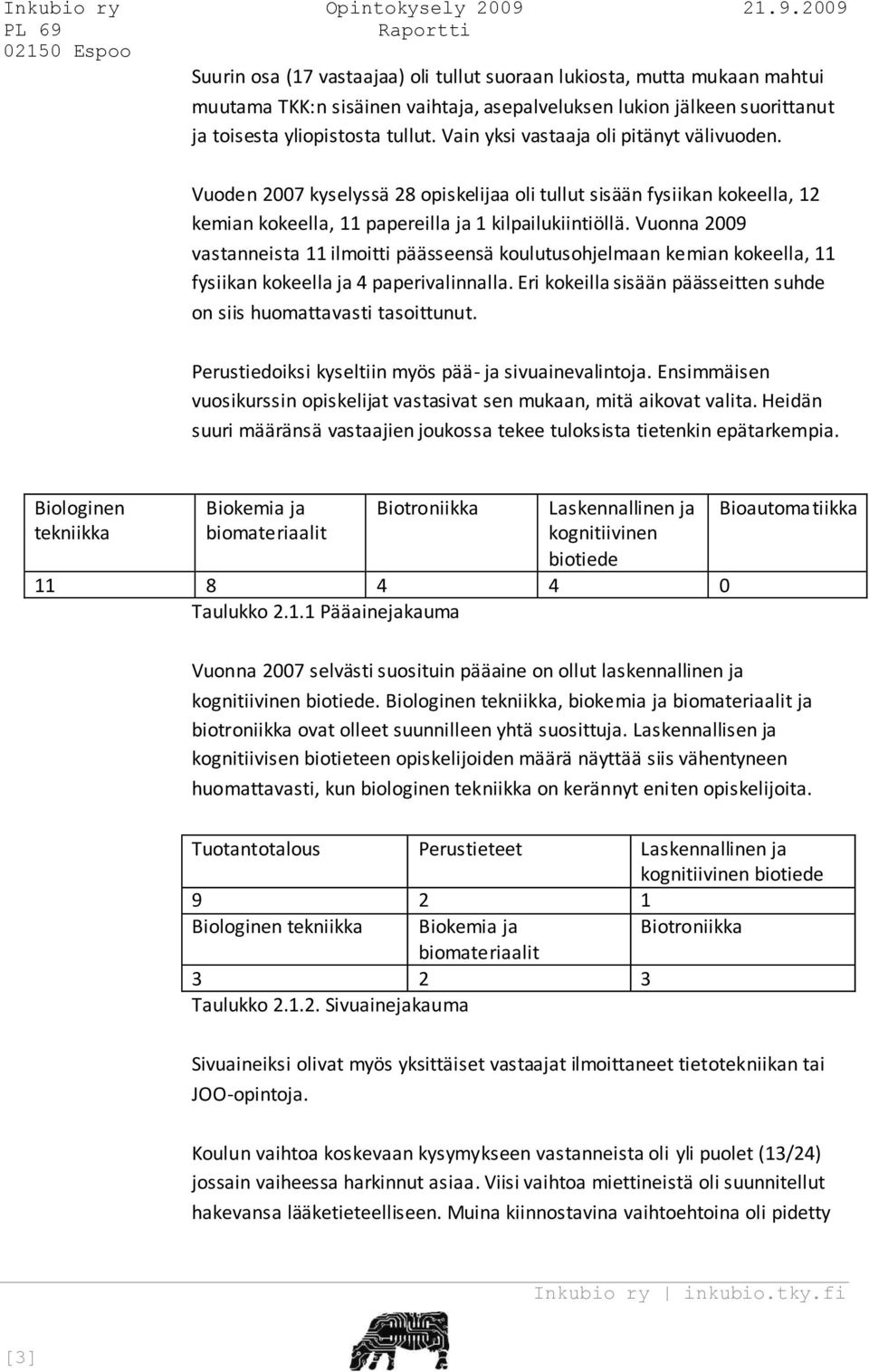 Vuonna 2009 vastanneista 11 ilmoitti päässeensä koulutusohjelmaan kemian kokeella, 11 fysiikan kokeella ja 4 paperivalinnalla. Eri kokeilla sisään päässeitten suhde on siis huomattavasti tasoittunut.