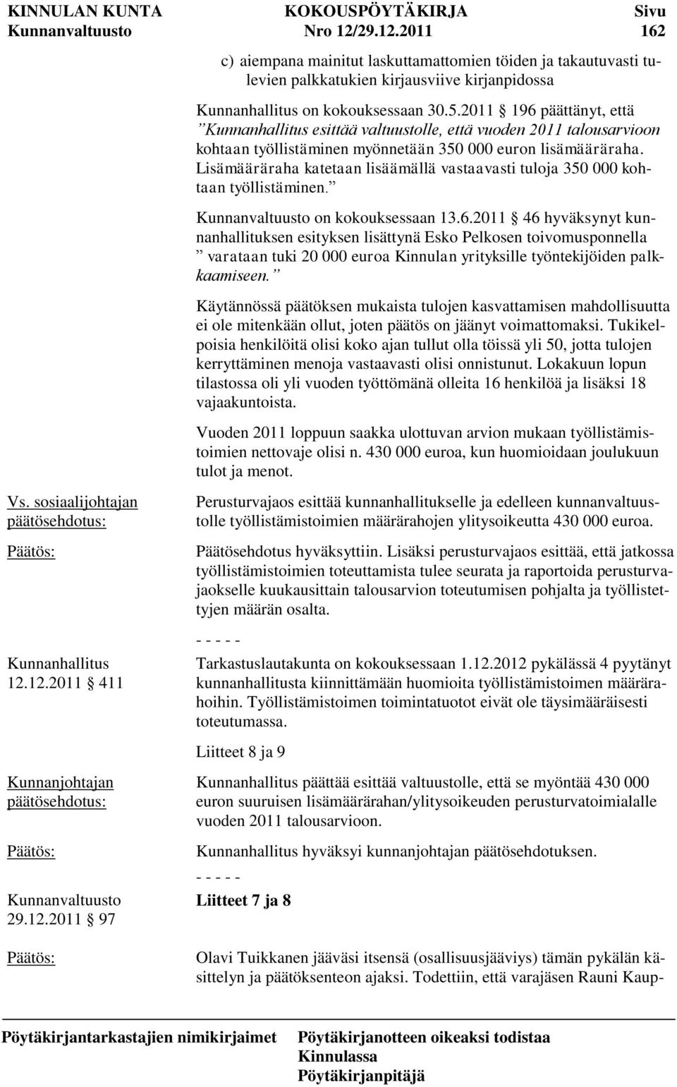 Lisämääräraha katetaan lisäämällä vastaavasti tuloja 350 000 kohtaan työllistäminen. on kokouksessaan 13.6.