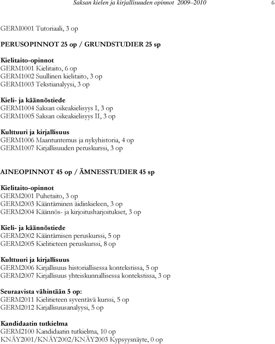 op GERM1007 Kirjallisuuden peruskurssi, 3 op AINEOPINNOT 45 op / ÄMNESSTUDIER 45 sp Kielitaito-opinnot GERM2001 Puhetaito, 3 op GERM2003 Kääntäminen äidinkieleen, 3 op GERM2004 Käännös- ja