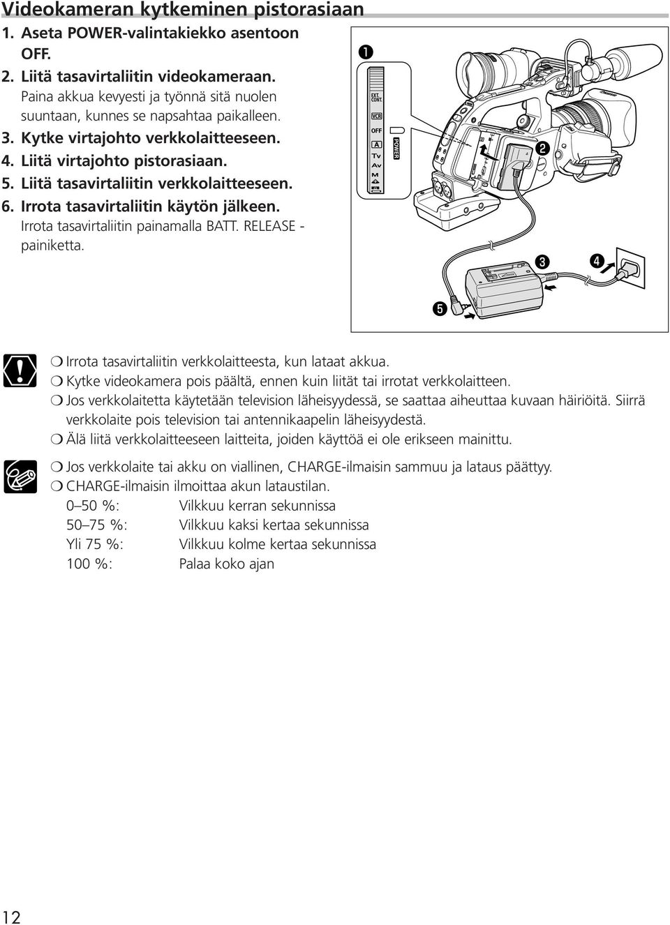 Liitä tasavirtaliitin verkkolaitteeseen. 6. Irrota tasavirtaliitin käytön jälkeen. Irrota tasavirtaliitin painamalla BATT. RELEASE - painiketta.