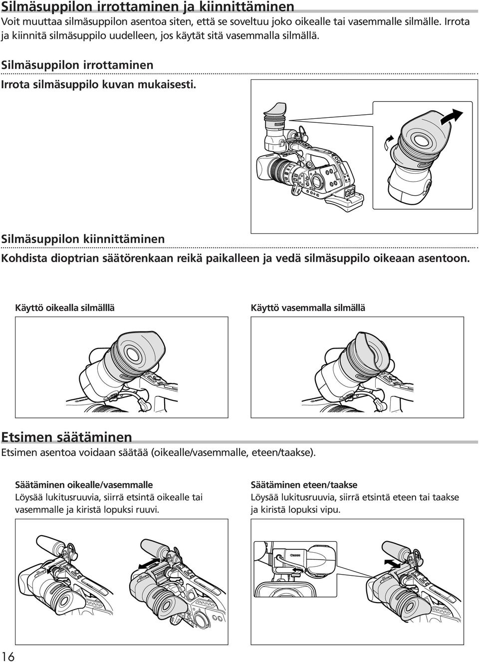 Silmäsuppilon kiinnittäminen Kohdista dioptrian säätörenkaan reikä paikalleen ja vedä silmäsuppilo oikeaan asentoon.