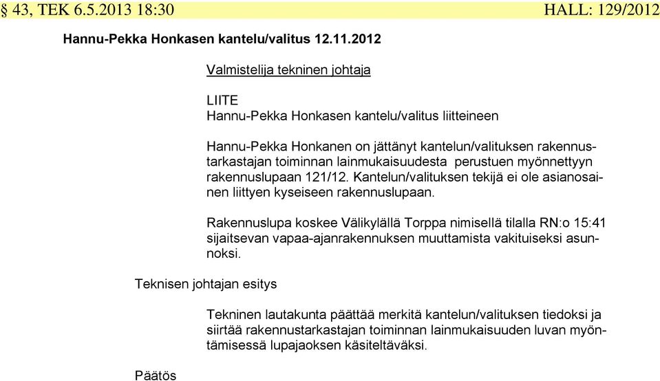 lainmukaisuudesta perustuen myönnettyyn rakennuslupaan 121/12. Kantelun/valituksen tekijä ei ole asianosainen liittyen kyseiseen rakennuslupaan.