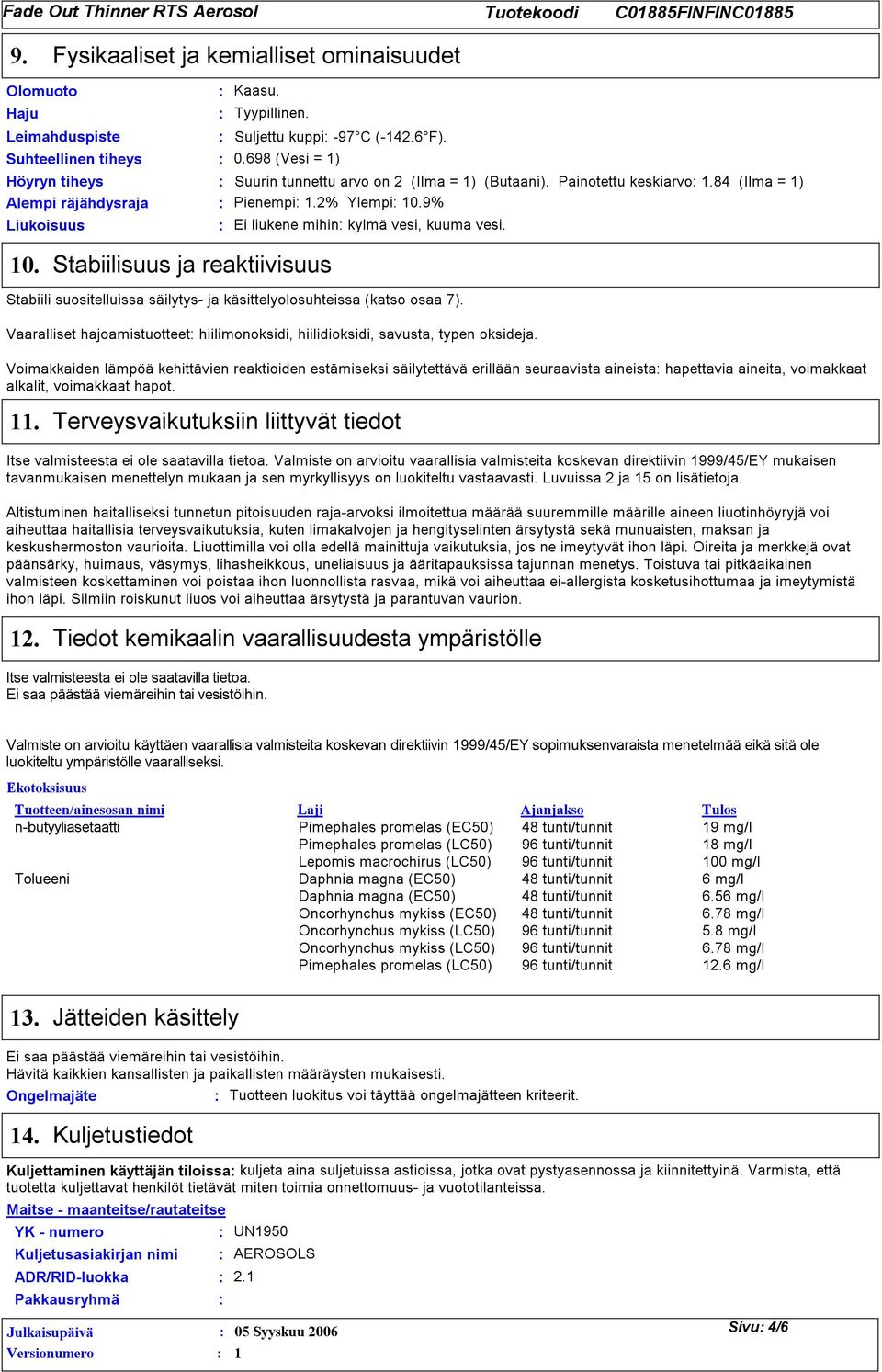 9% Liukoisuus Ei liukene mihin kylmä vesi, kuuma vesi. 10. Stabiilisuus ja reaktiivisuus Stabiili suositelluissa säilytys- ja käsittelyolosuhteissa (katso osaa 7).