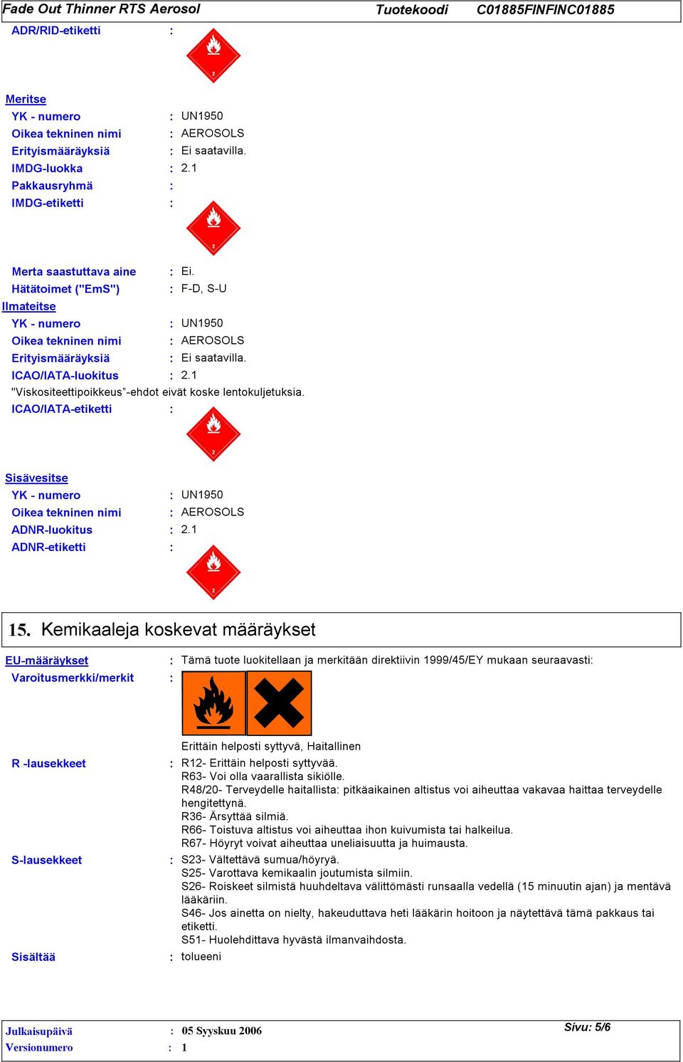 ICAO/IATA-etiketti Sisävesitse Oikea tekninen nimi ADNR-luokitus ADNR-etiketti UN1950 AEROSOLS.1 15.