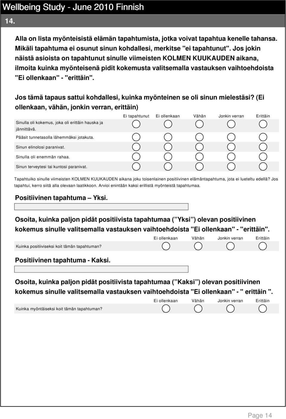 Jos tämä tapaus sattui kohdallesi, kuinka myönteinen se oli sinun mielestäsi? (Ei ollenkaan, vähän, jonkin verran, erittäin) Sinulla oli kokemus, joka oli erittäin hauska ja jännittävä.