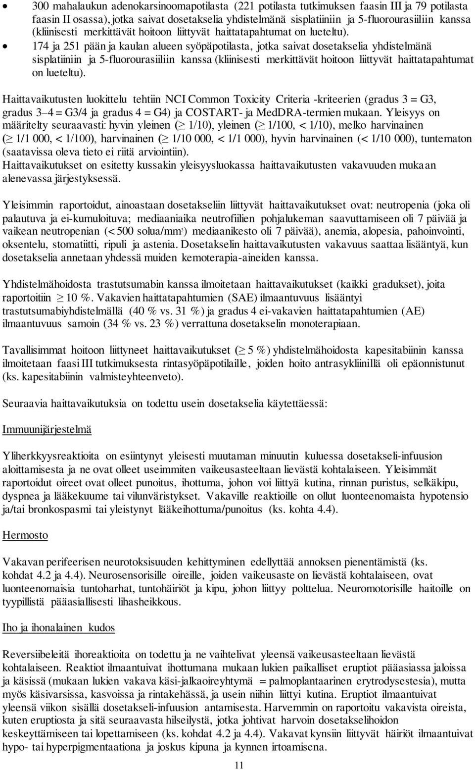 174 ja 251 pään ja kaulan alueen syöpäpotilasta, jotka saivat dosetakselia yhdistelmänä sisplatiiniin ja 5-fluorourasiiliin kanssa  Haittavaikutusten luokittelu tehtiin NCI Common Toxicity Criteria