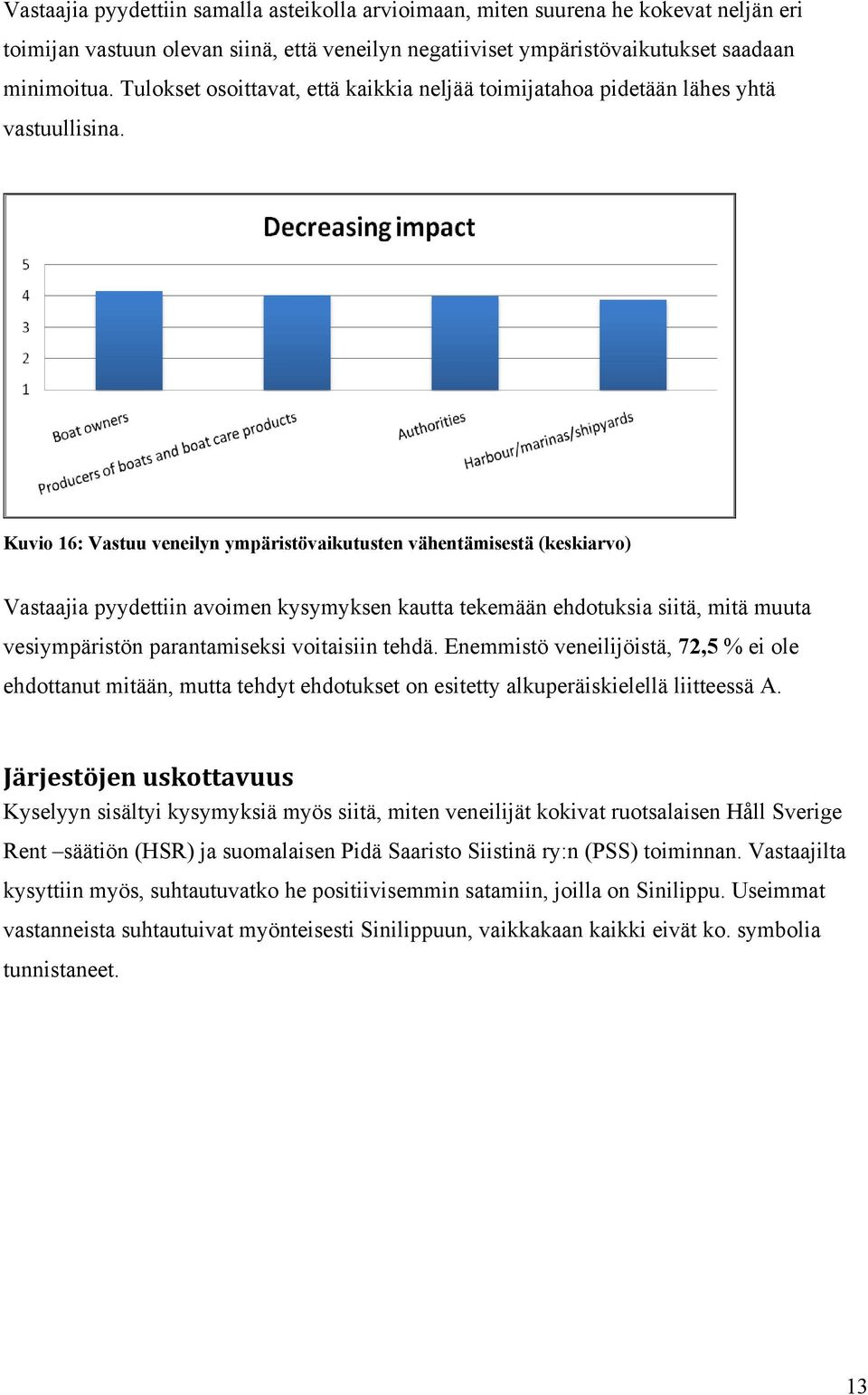 Kuvio 16: Vastuu veneilyn ympäristövaikutusten vähentämisestä (keskiarvo) Vastaajia pyydettiin avoimen kysymyksen kautta tekemään ehdotuksia siitä, mitä muuta vesiympäristön parantamiseksi voitaisiin