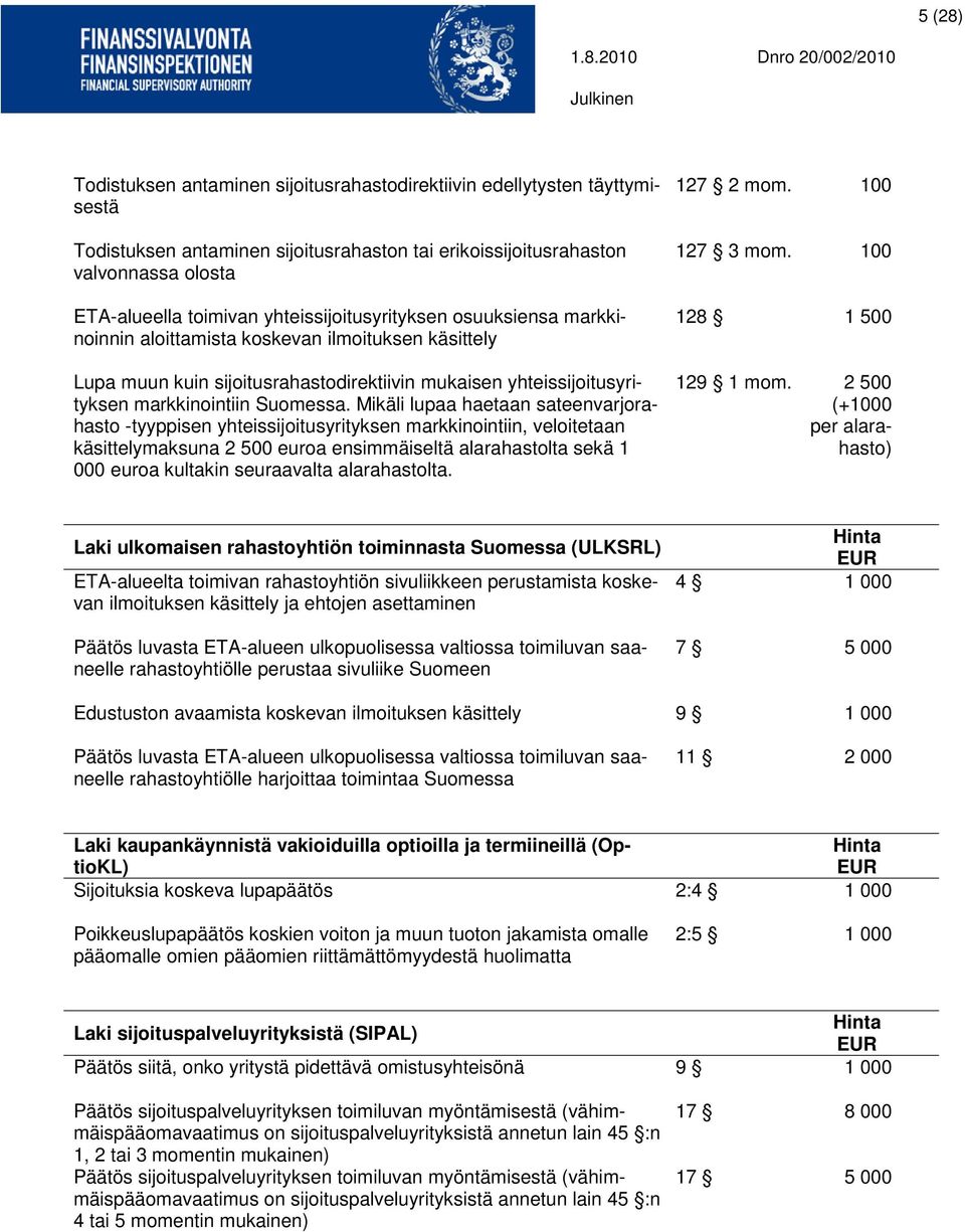 Mikäli lupaa haetaan sateenvarjorahasto -tyyppisen yhteissijoitusyrityksen markkinointiin, veloitetaan käsittelymaksuna 2 500 euroa ensimmäiseltä alarahastolta sekä 1 000 euroa kultakin seuraavalta