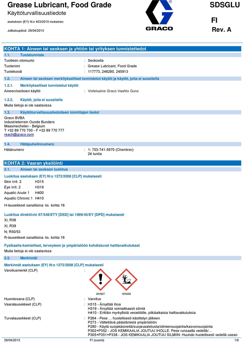 3. Käyttöturvallisuustiedotteen toimittajan tiedot Graco BVBA Industrieterrein Ounde Bunders Maasmechelen - Belgium T +32 89 770 700 - F +32 89 770 777 reach@graco.com 1.4.