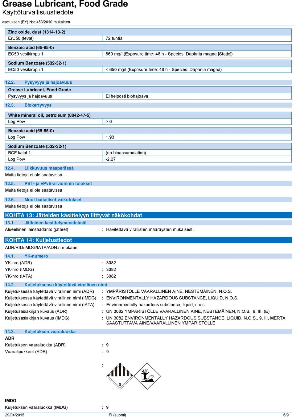 Biokertyvyys White mineral oil, petroleum (8042-47-5) Log Pow > 6 Benzoic acid (65-85-0) Log Pow 1,93 Sodium Benzoate (532-32-1) BCF kalat 1 (no bioaccumulation) Log Pow -2,27 12.4. Liikkuvuus maaperässä 12.