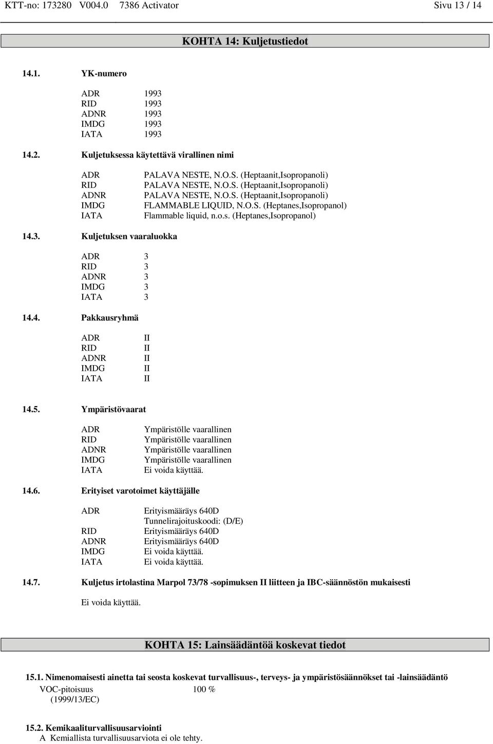 3. Kuljetuksen vaaraluokka ADR 3 RID 3 ADNR 3 IMDG 3 IATA 3 14.4. Pakkausryhmä ADR RID ADNR IMDG IATA II II II II II 14.5.