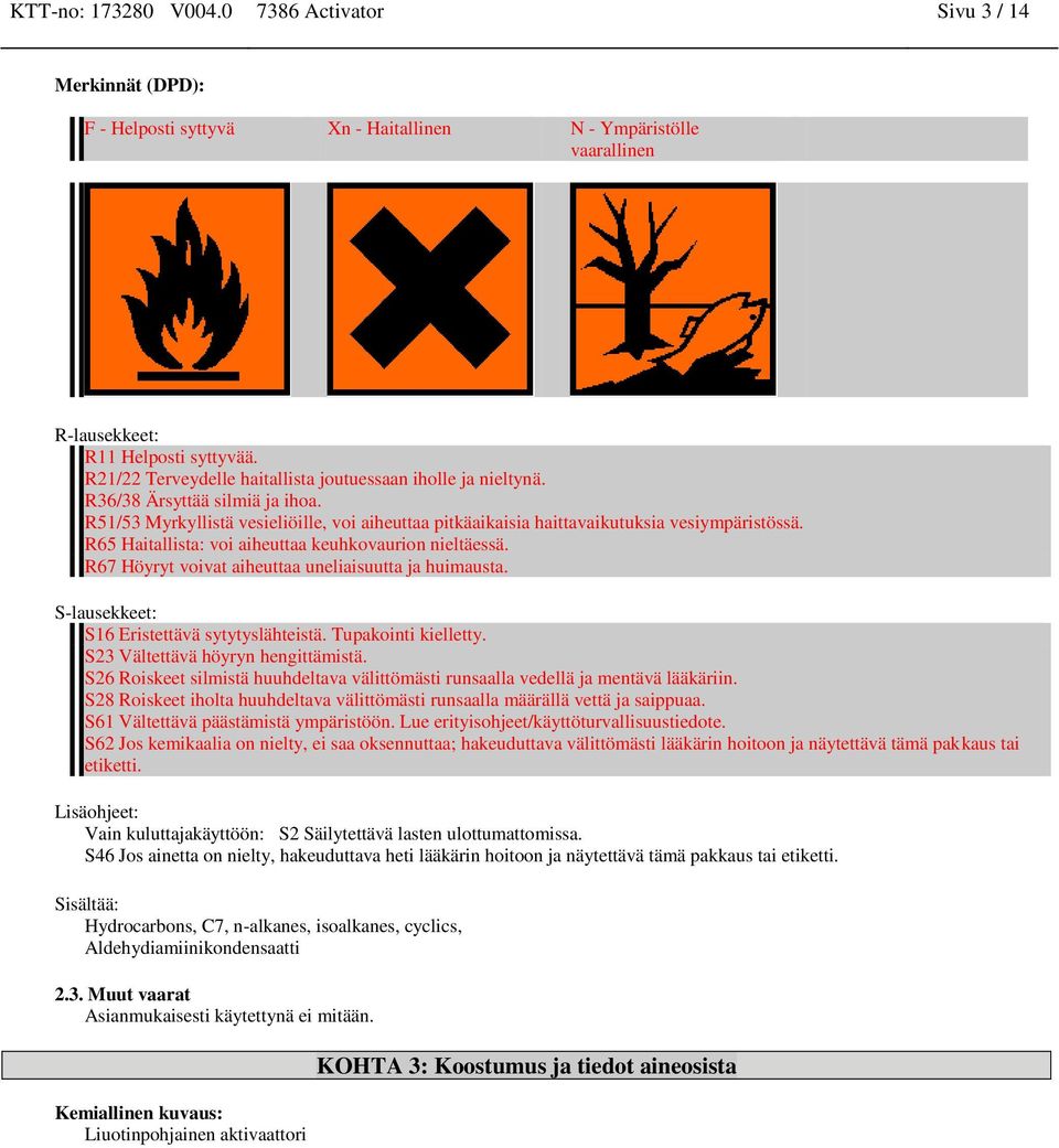 R65 Haitallista: voi aiheuttaa keuhkovaurion nieltäessä. R67 Höyryt voivat aiheuttaa uneliaisuutta ja huimausta. S-lausekkeet: S16 Eristettävä sytytyslähteistä. Tupakointi kielletty.