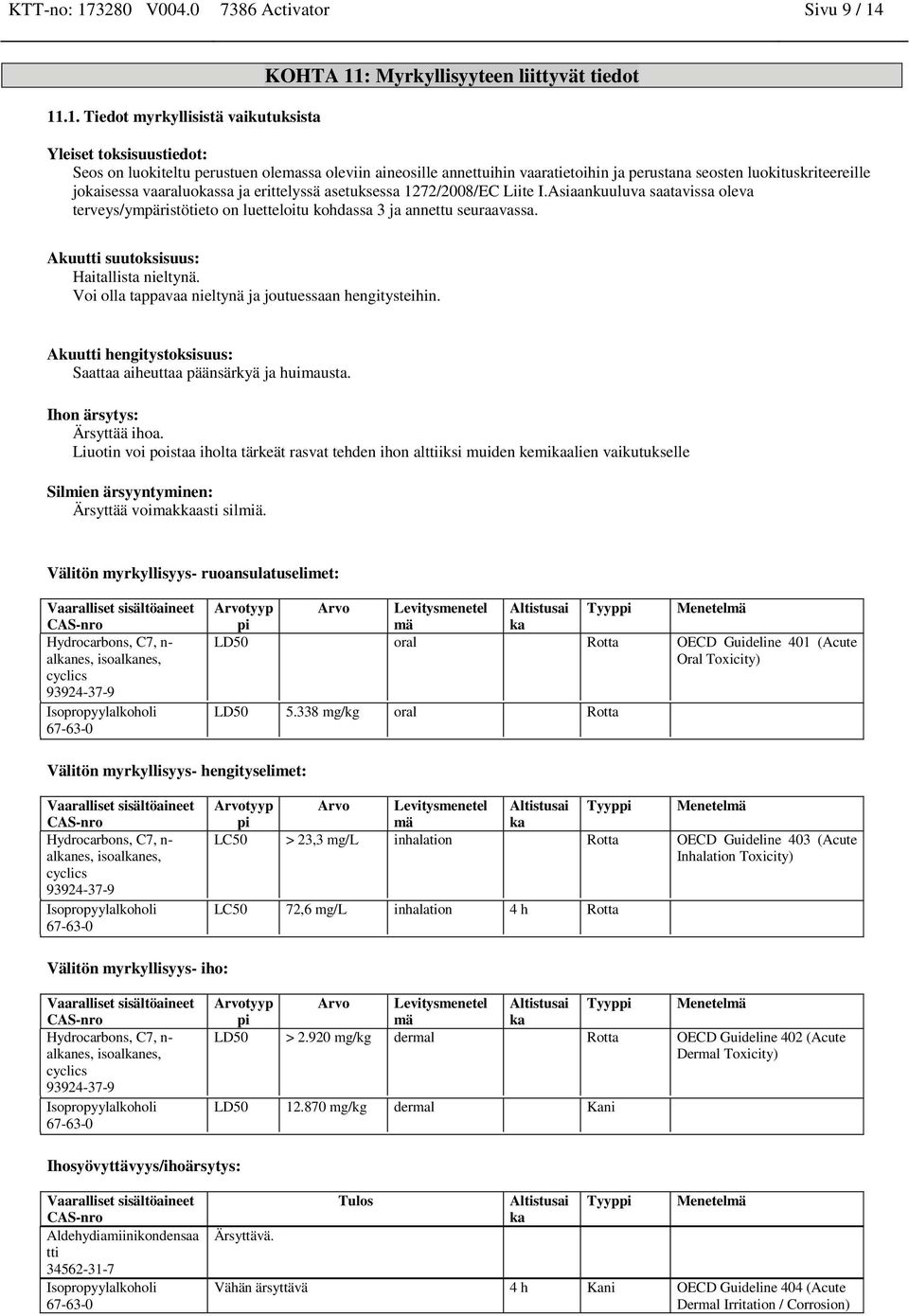 11.1. Tiedot myrkyllisistä vaikutuksista KOHTA 11: Myrkyllisyyteen liittyvät tiedot Yleiset toksisuustiedot: Seos on luokiteltu perustuen olemassa oleviin aineosille annettuihin vaaratietoihin ja