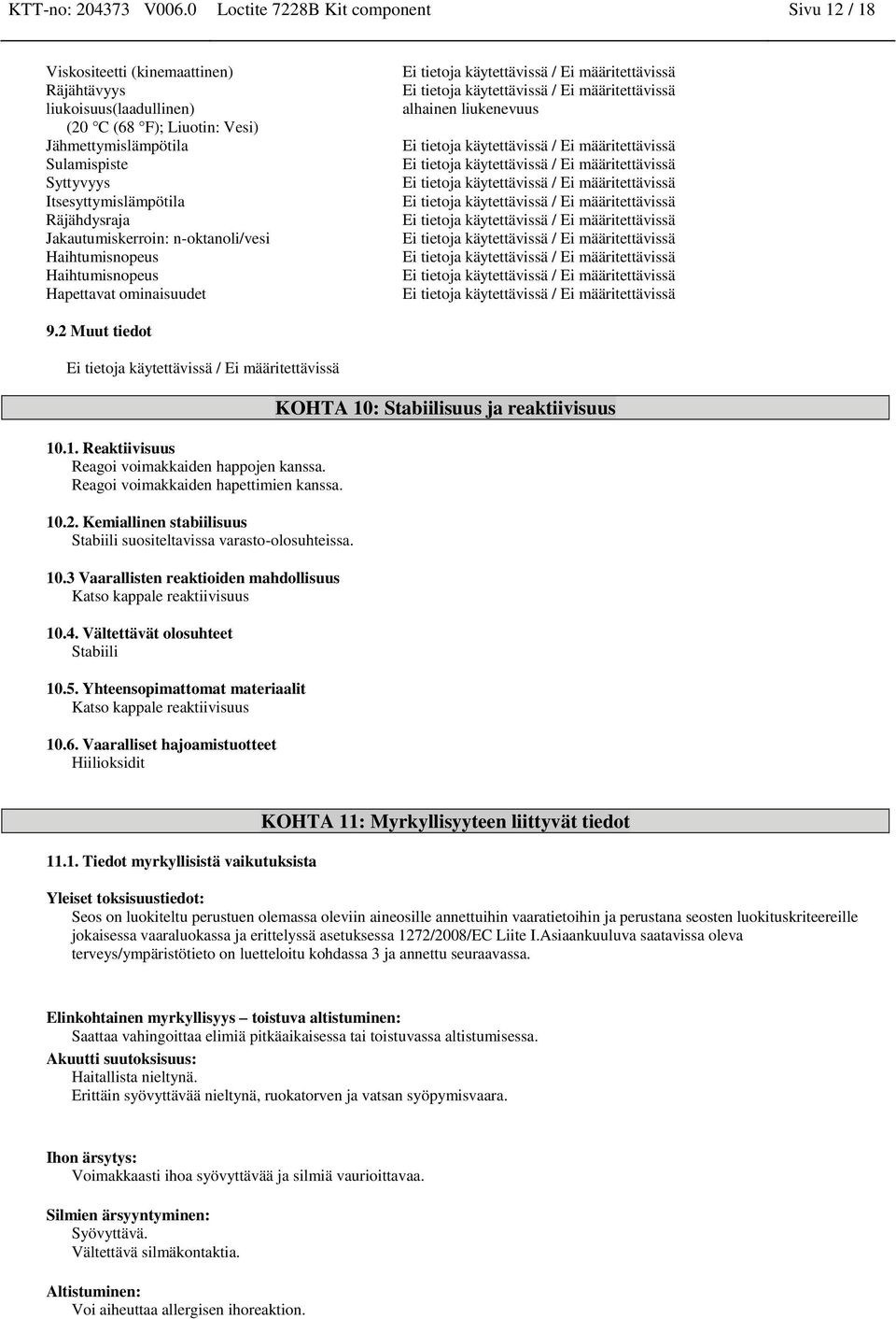 Räjähdysraja Jakautumiskerroi: -oktaoli/vesi Haihtumisopeus Haihtumisopeus Hapettavat omiaisuudet alhai liukeevuus 9.2 Muut tiedot 10.1. Reaktiivisuus Reagoi voimakkaide happoje kassa.