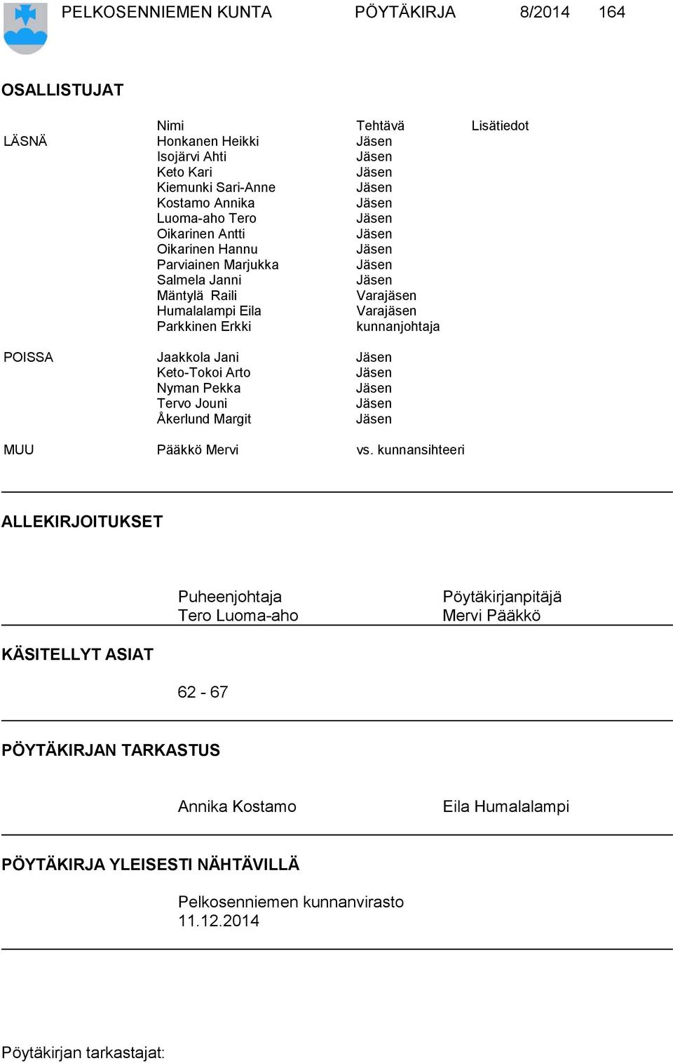 POISSA Jaakkola Jani Keto-Tokoi Arto Nyman Pekka Tervo Jouni Åkerlund Margit MUU Pääkkö Mervi vs.