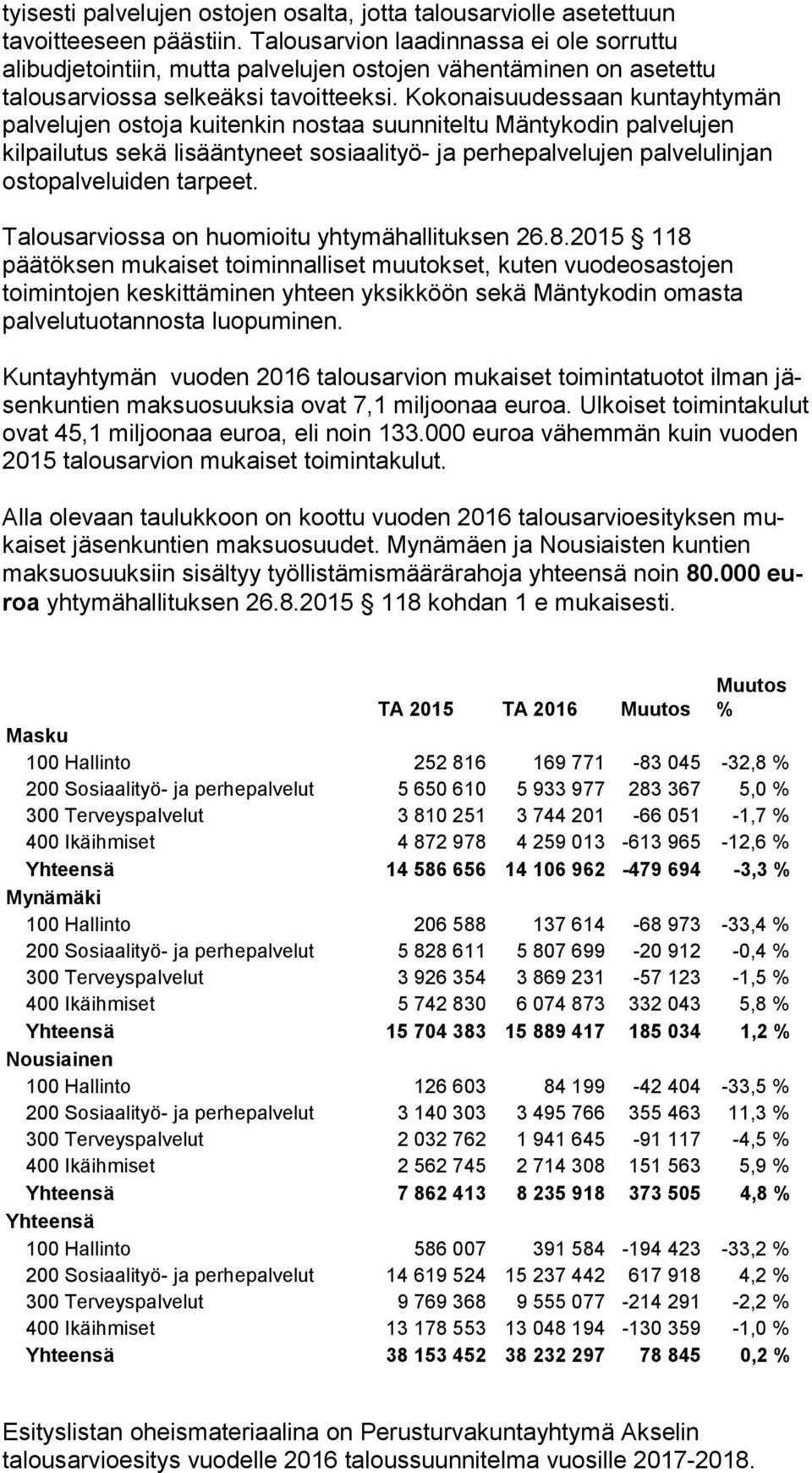 Kokonaisuudessaan kuntayhtymän palvelujen ostoja kuitenkin nos taa suun ni tel tu Mäntykodin palvelujen kilpailutus sekä lisääntyneet so si aa li työ- ja per he pal ve lu jen palvelulinjan