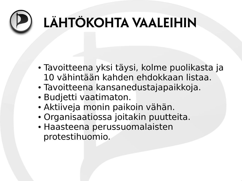 Tavoitteena kansanedustajapaikkoja. Budjetti vaatimaton.