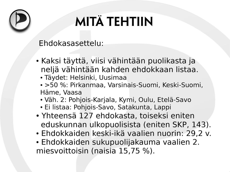 2: Pohjois-Karjala, Kymi, Oulu, Etelä-Savo Ei listaa: Pohjois-Savo, Satakunta, Lappi Yhteensä 127 ehdokasta, toiseksi