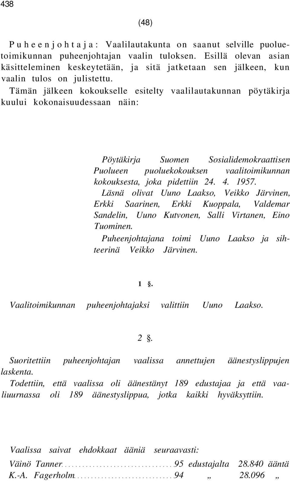 Tämän jälkeen kokoukselle esitelty vaalilautakunnan pöytäkirja kuului kokonaisuudessaan näin: Pöytäkirja Suomen Sosialidemokraattisen Puolueen puoluekokouksen vaalitoimikunnan kokouksesta, joka