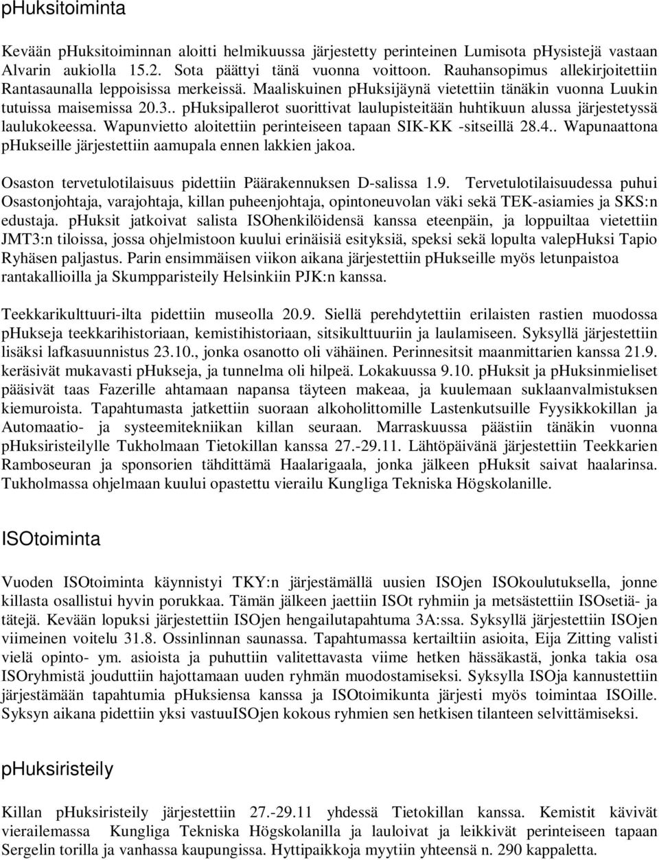 . phuksipallerot suorittivat laulupisteitään huhtikuun alussa järjestetyssä laulukokeessa. Wapunvietto aloitettiin perinteiseen tapaan SIK-KK -sitseillä 28.4.