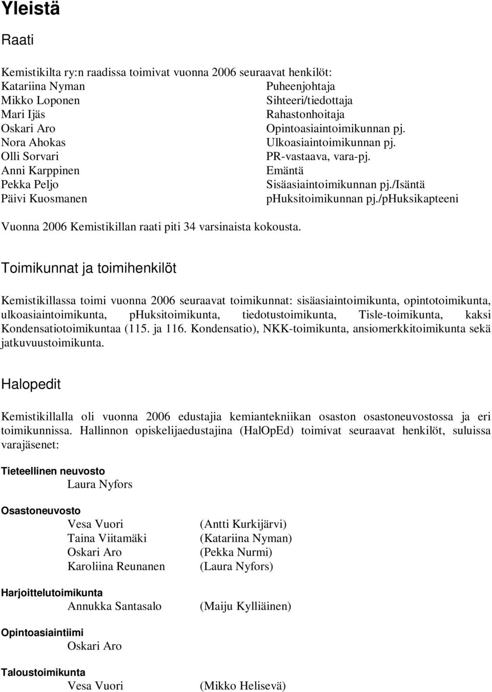 /isäntä Päivi Kuosmanen phuksitoimikunnan pj./phuksikapteeni Vuonna 2006 Kemistikillan raati piti 34 varsinaista kokousta.
