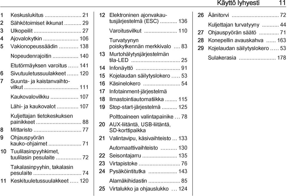 .. 71 10 Tuulilasinpyyhkimet, tuulilasin pesulaite... 72 Takalasinpyyhin, takalasin pesulaite... 74 11 Keskituuletussuulakkeet... 120 12 Elektroninen ajonvakautusjärjestelmä (ESC)...136 Varoitusvilkut.