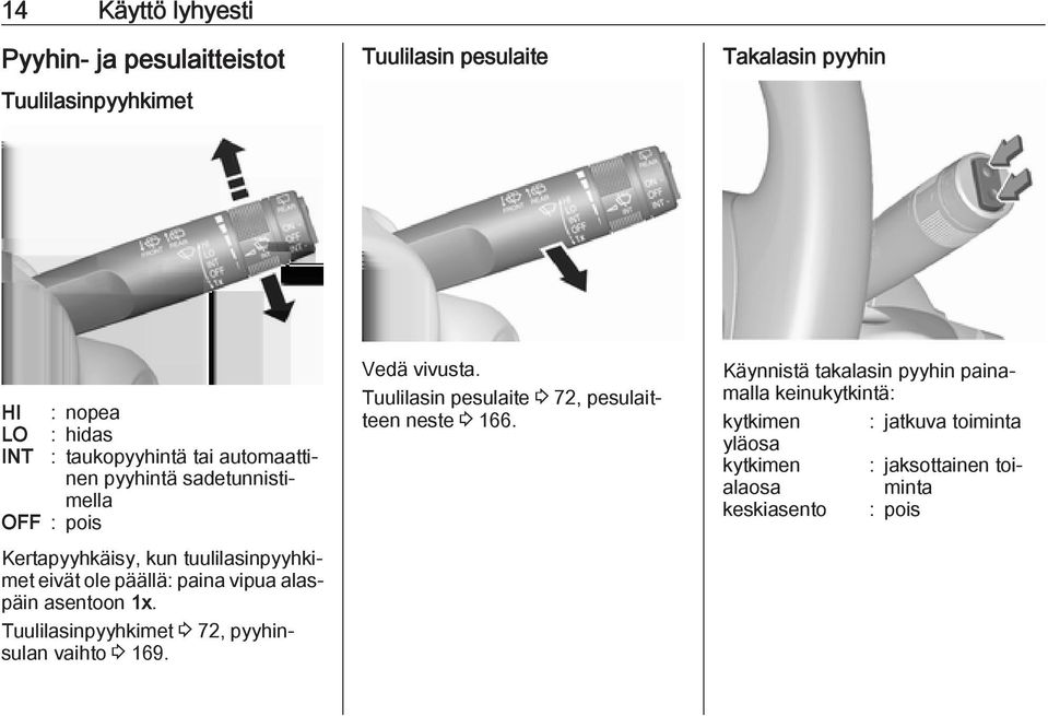 alaspäin asentoon 1x. Tuulilasinpyyhkimet 3 72, pyyhinsulan vaihto 3 169. Vedä vivusta. Tuulilasin pesulaite 3 72, pesulaitteen neste 3 166.