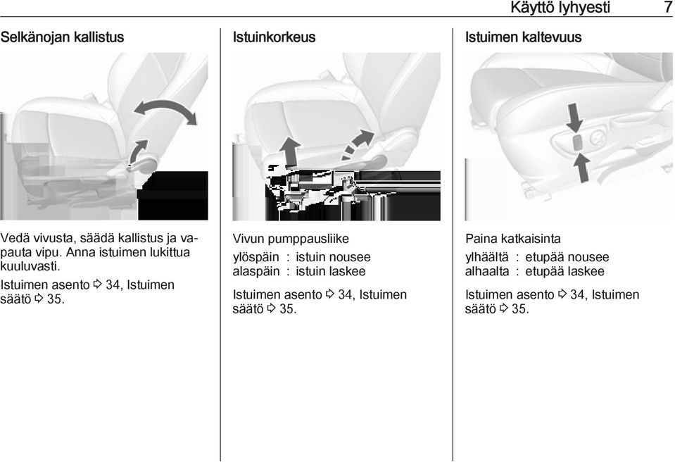 Vivun pumppausliike ylöspäin : istuin nousee alaspäin : istuin laskee Istuimen asento 3 34, Istuimen