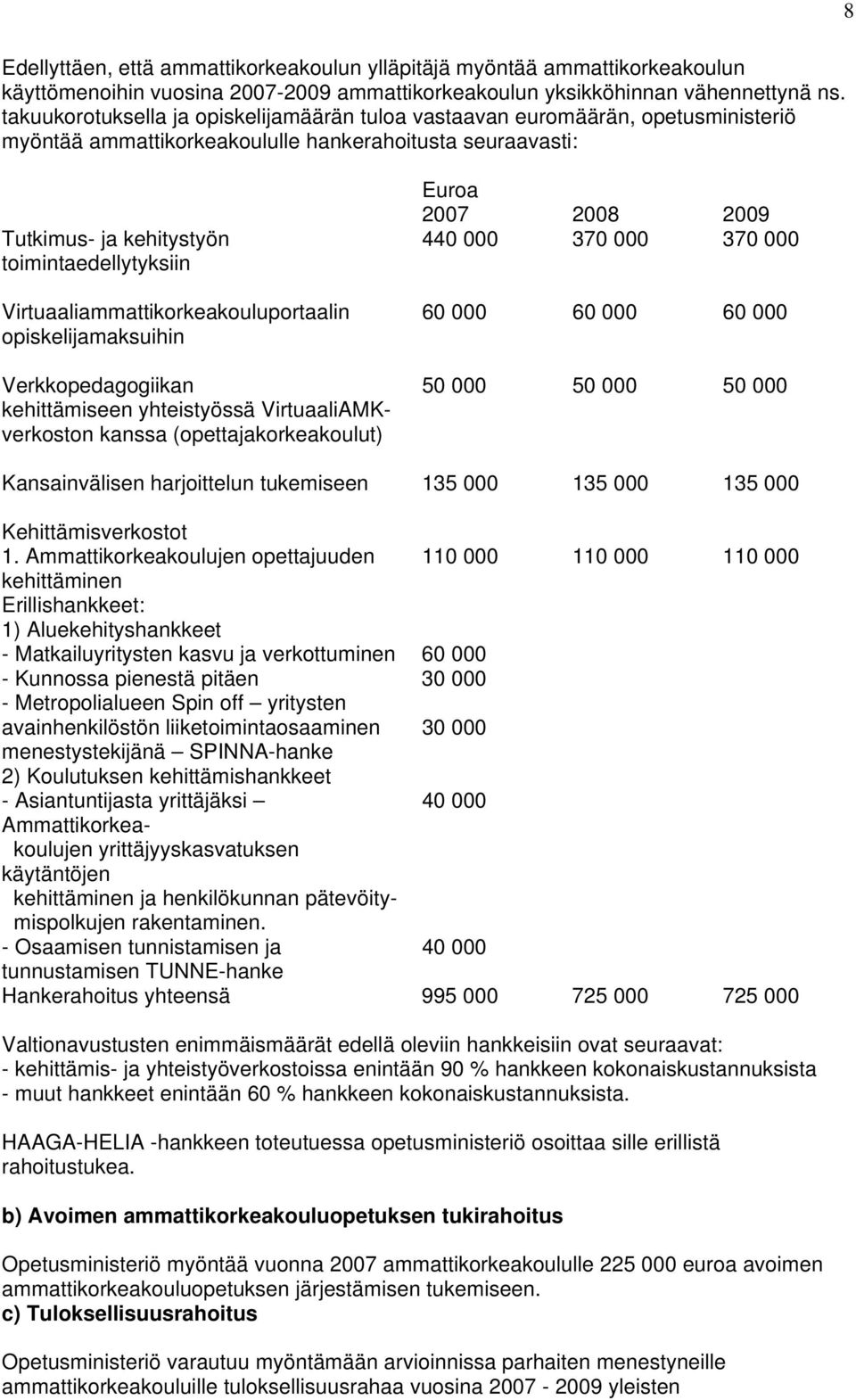 Virtuaaliammattikorkeakouluportaalin opiskelijamaksuihin Verkkopedagogiikan kehittämiseen yhteistyössä VirtuaaliAMKverkoston kanssa (opettajakorkeakoulut) Euroa 2007 2008 2009 440 000 370 000 370 000