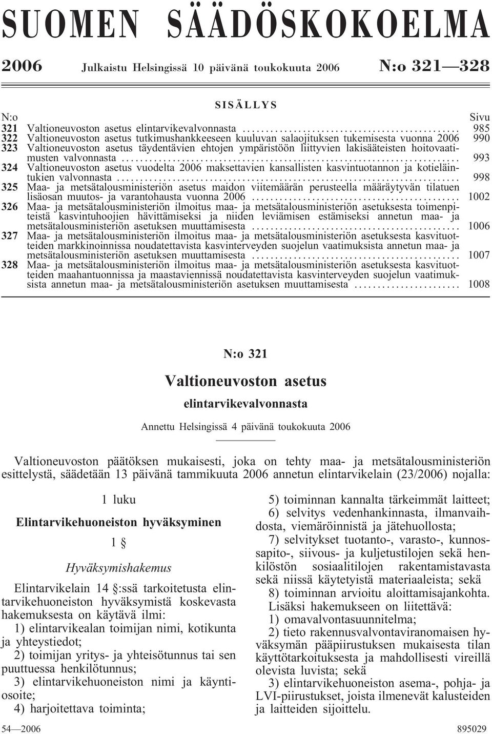 hoitovaatimusten valvonnasta... 993 324 Valtioneuvoston asetus vuodelta 2006 maksettavien kansallisten kasvintuotannon ja kotieläintukien valvonnasta.