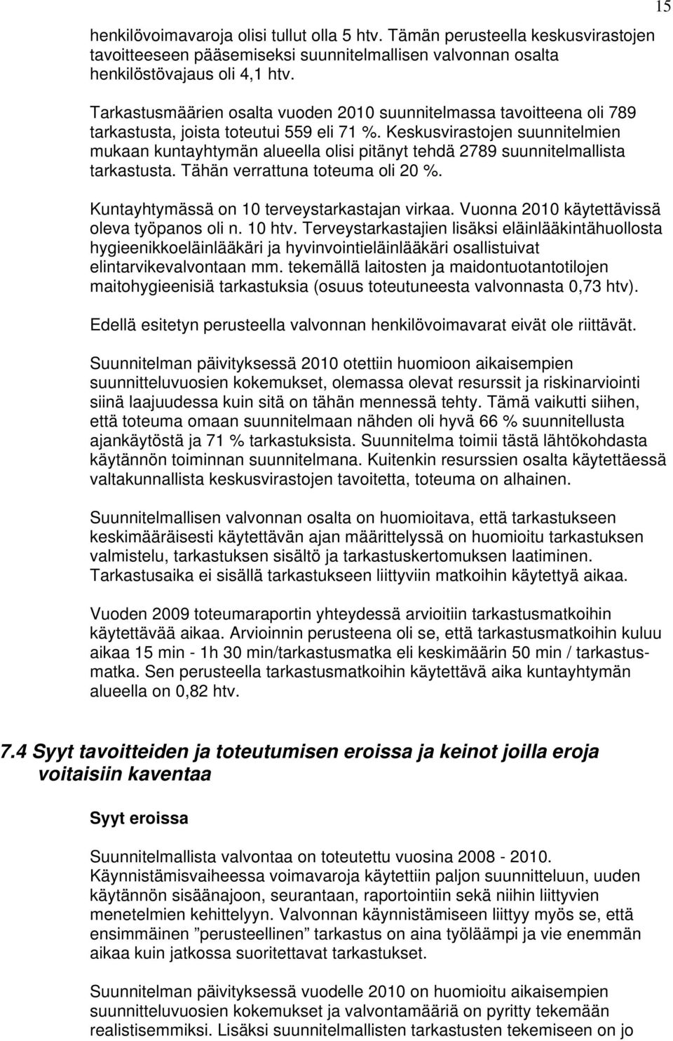 Keskusvirastojen suunnitelmien mukaan kuntayhtymän alueella olisi pitänyt tehdä 2789 suunnitelmallista tarkastusta. Tähän verrattuna toteuma oli 20 %. Kuntayhtymässä on 10 terveystarkastajan virkaa.