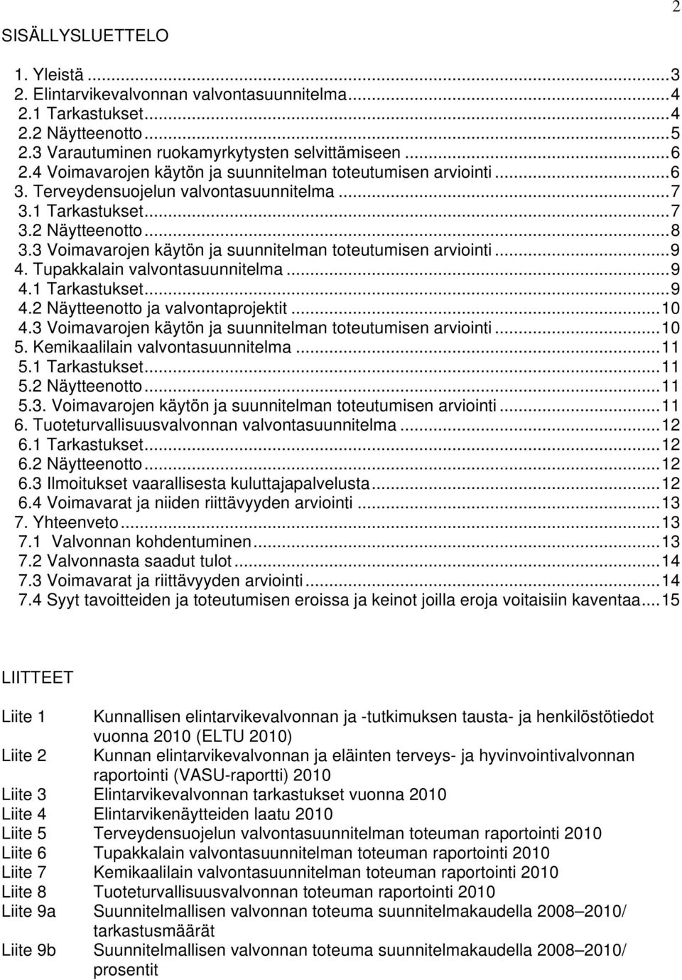 3 Voimavarojen käytön ja suunnitelman toteutumisen arviointi...9 4. Tupakkalain valvontasuunnitelma...9 4.1 Tarkastukset...9 4.2 Näytteenotto ja valvontaprojektit...10 4.