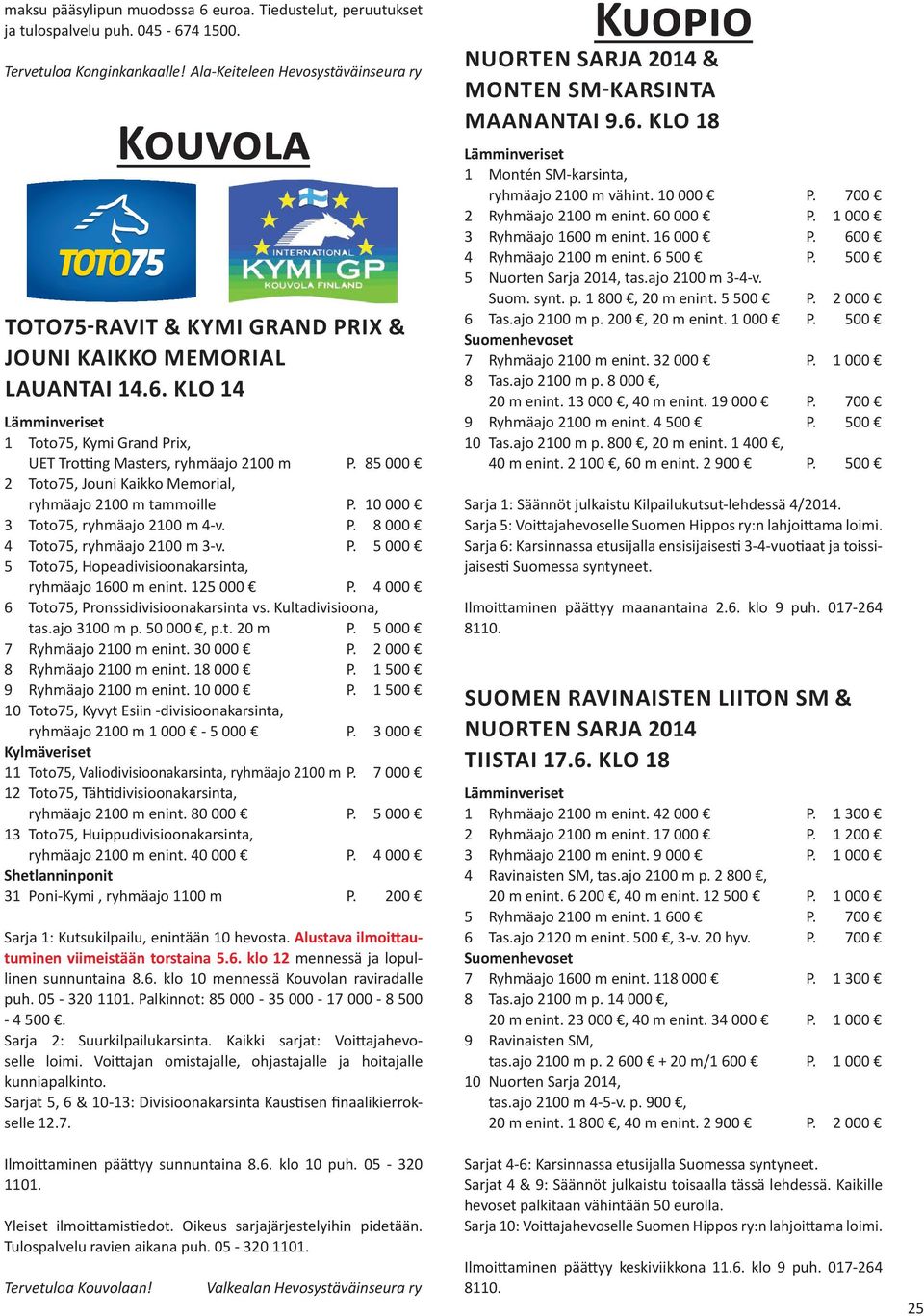 85 000 2 Toto75, Jouni Kaikko Memorial, ryhmäajo 2100 m tammoille P. 10 000 3 Toto75, ryhmäajo 2100 m 4-v. P. 8 000 4 Toto75, ryhmäajo 2100 m 3-v. P. 5 000 5 Toto75, Hopeadivisioonakarsinta, ryhmäajo 1600 m enint.