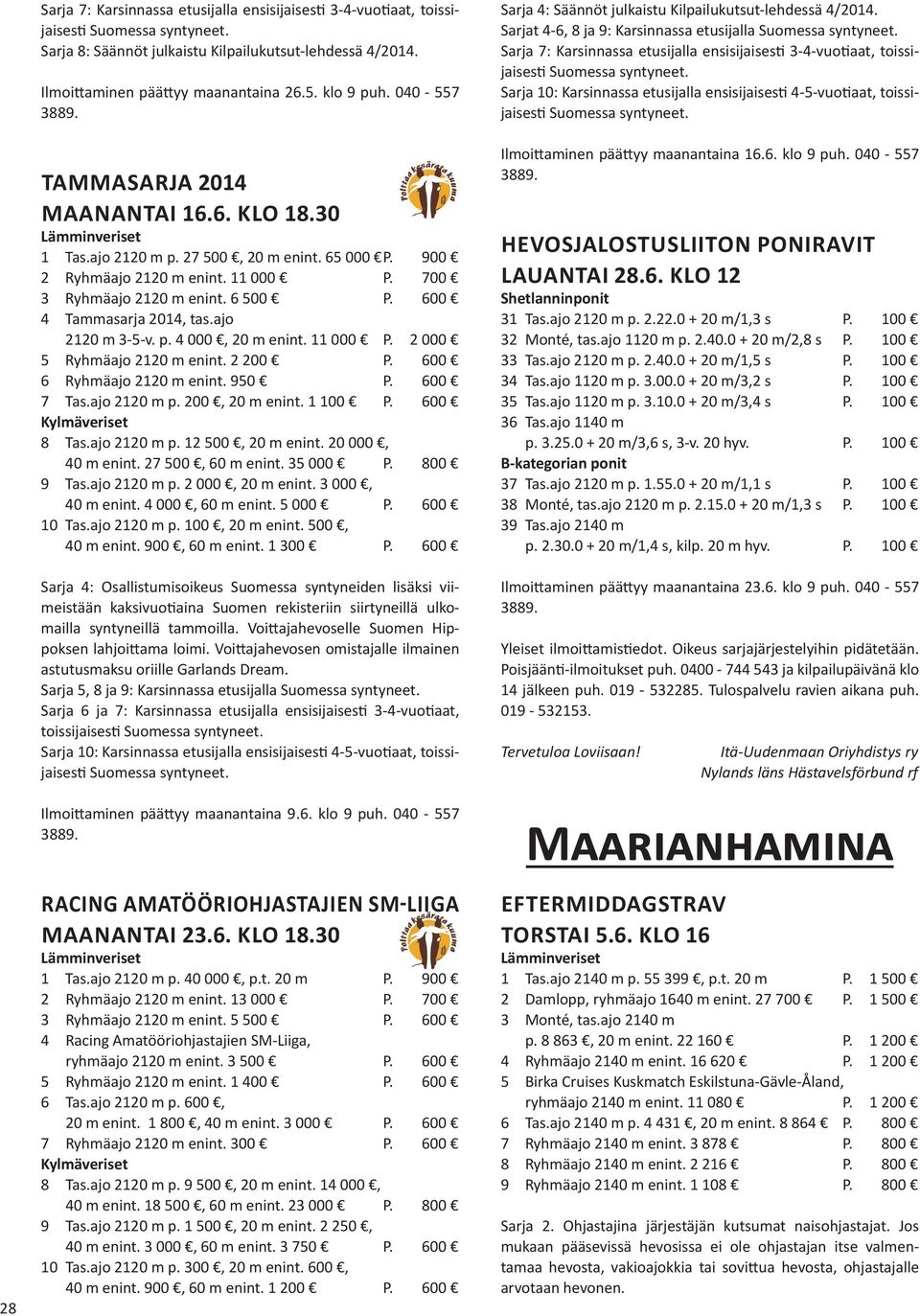 600 4 Tammasarja 2014, tas.ajo 2120 m 3-5-v. p. 4 000, 20 m enint. 11 000 P. 2 000 5 Ryhmäajo 2120 m enint. 2 200 P. 600 6 Ryhmäajo 2120 m enint. 950 P. 600 7 Tas.ajo 2120 m p. 200, 20 m enint.