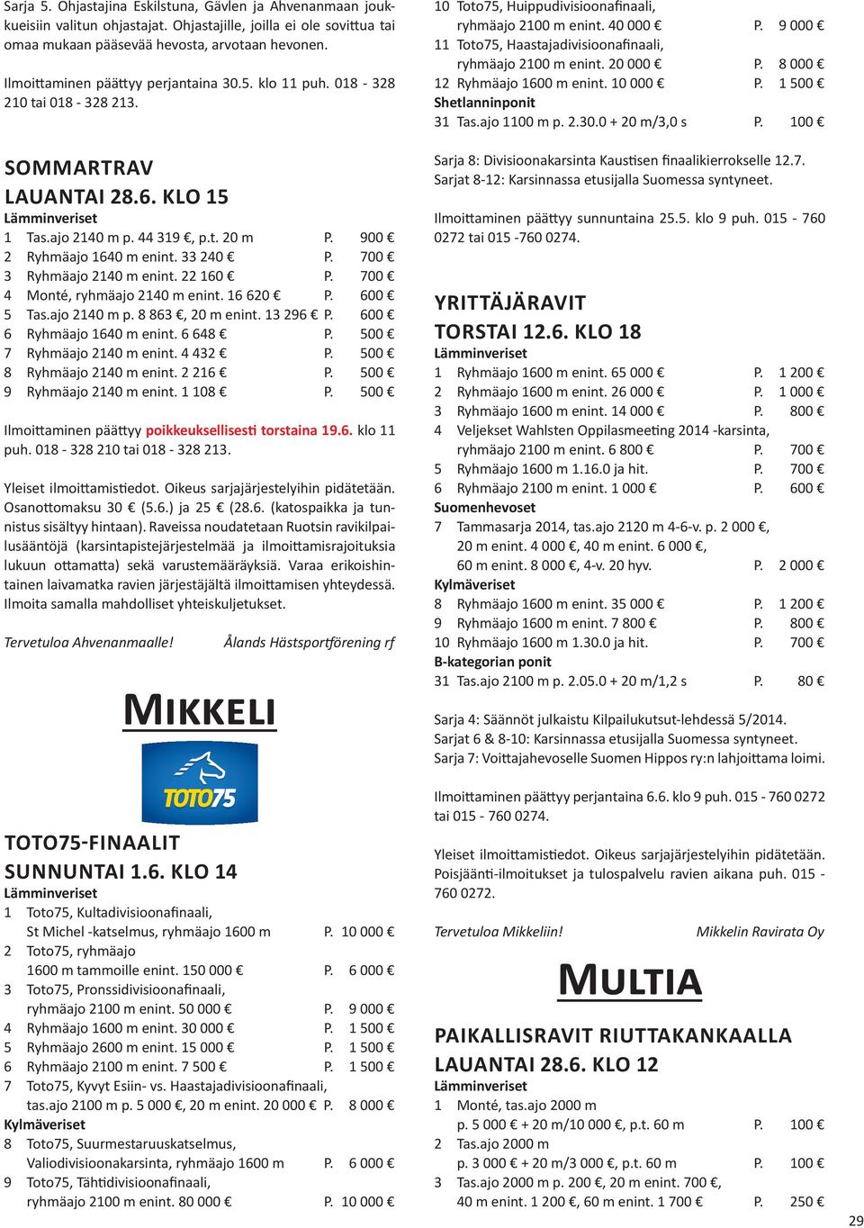 700 3 Ryhmäajo 2140 m enint. 22 160 P. 700 4 Monté, ryhmäajo 2140 m enint. 16 620 P. 600 5 Tas.ajo 2140 m p. 8 863, 20 m enint. 13 296 P. 600 6 Ryhmäajo 1640 m enint. 6 648 P.