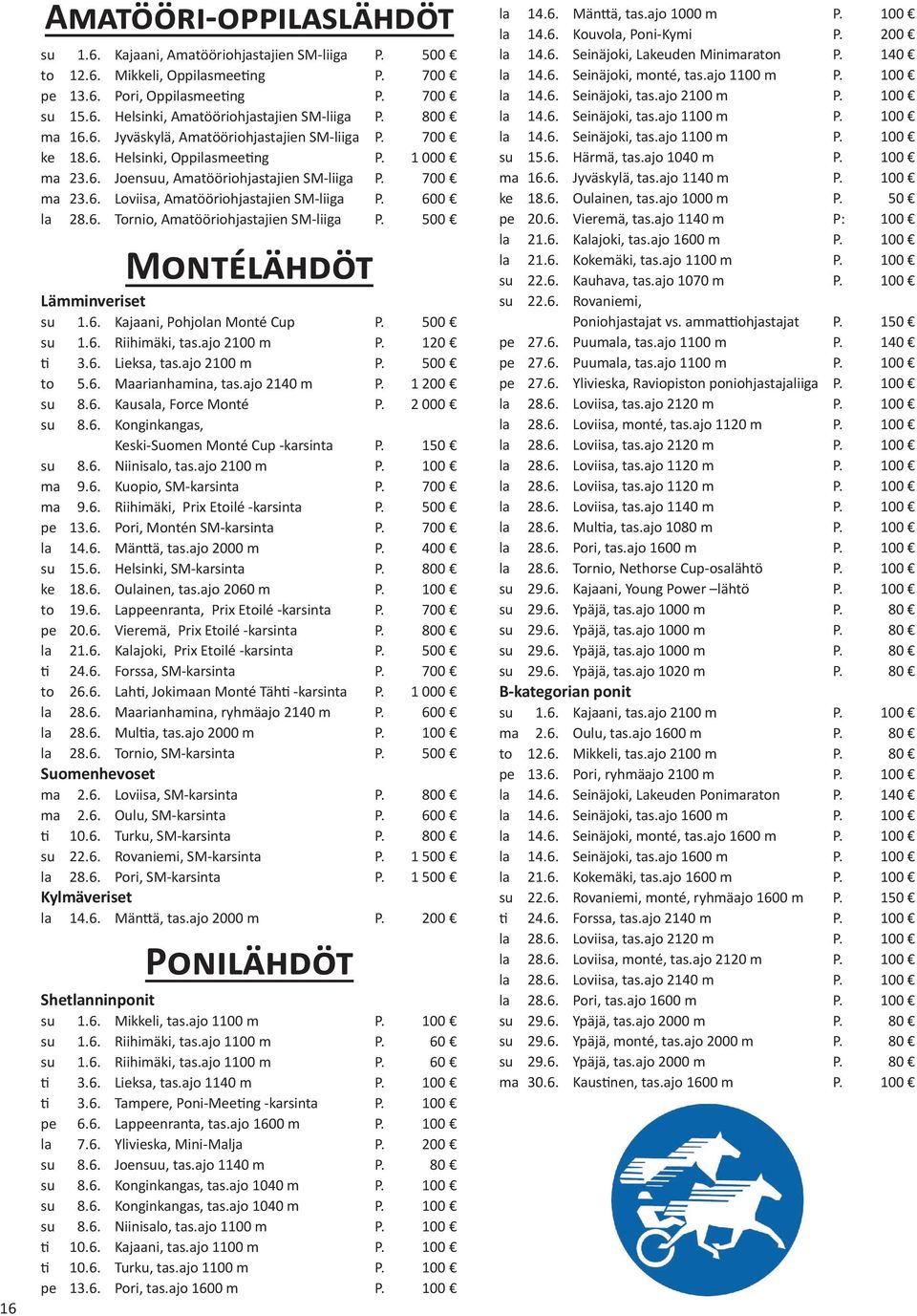 600 la 28.6. Tornio, Amatööriohjastajien SM-liiga P. 500 Montélähdöt su 1.6. Kajaani, Pohjolan Monté Cup P. 500 su 1.6. Riihimäki, tas.ajo 2100 m P. 120 ti 3.6. Lieksa, tas.ajo 2100 m P. 500 to 5.6. Maarianhamina, tas.