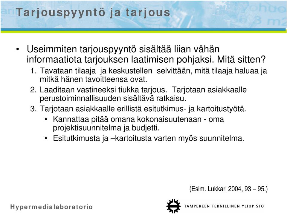 Tarjotaan asiakkaalle perustoiminnallisuuden sisältävä ratkaisu. 3. Tarjotaan asiakkaalle erillistä esitutkimus- ja kartoitustyötä.