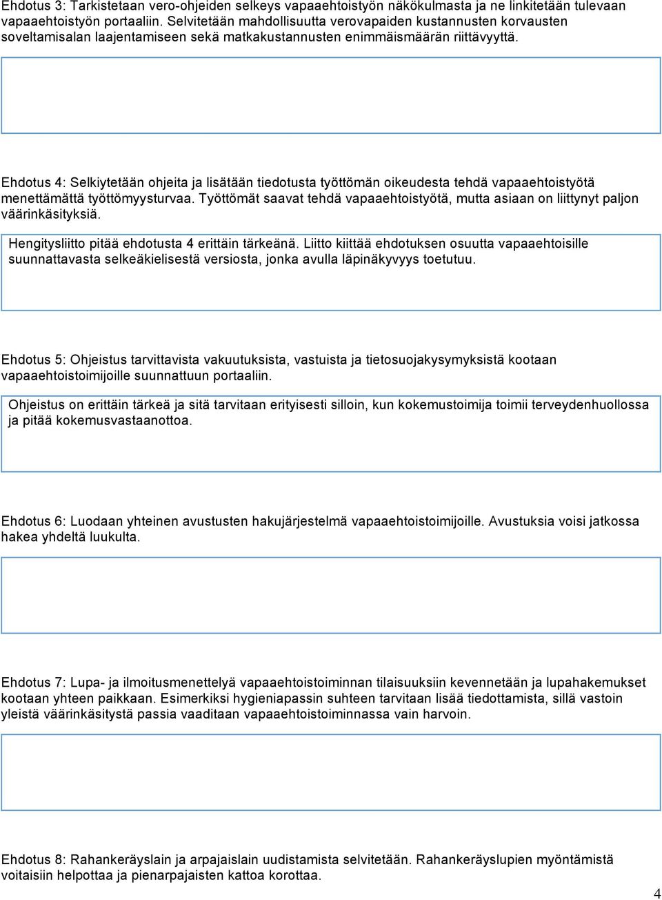 Ehdotus 4: Selkiytetään ohjeita ja lisätään tiedotusta työttömän oikeudesta tehdä vapaaehtoistyötä menettämättä työttömyysturvaa.