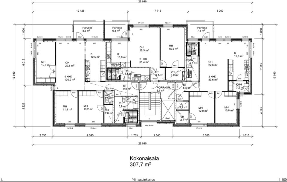 18,5 m 2 EI 15 PP 0 EI 15 Hissi MH 15,5 m 2 EI 15 ET ET 9,8 m 2 PORRASH 5,5 m 2 8,1 m 2 S 2,4 m 2 2 H+K 61,4 m 2 ET 3,1 m 2 VH 3,6 m 2 Huoltoluukku VH 1,7 m 2 VH 2,7 m 2 13x4 1 S 2,3 m 2 h=2200 PH