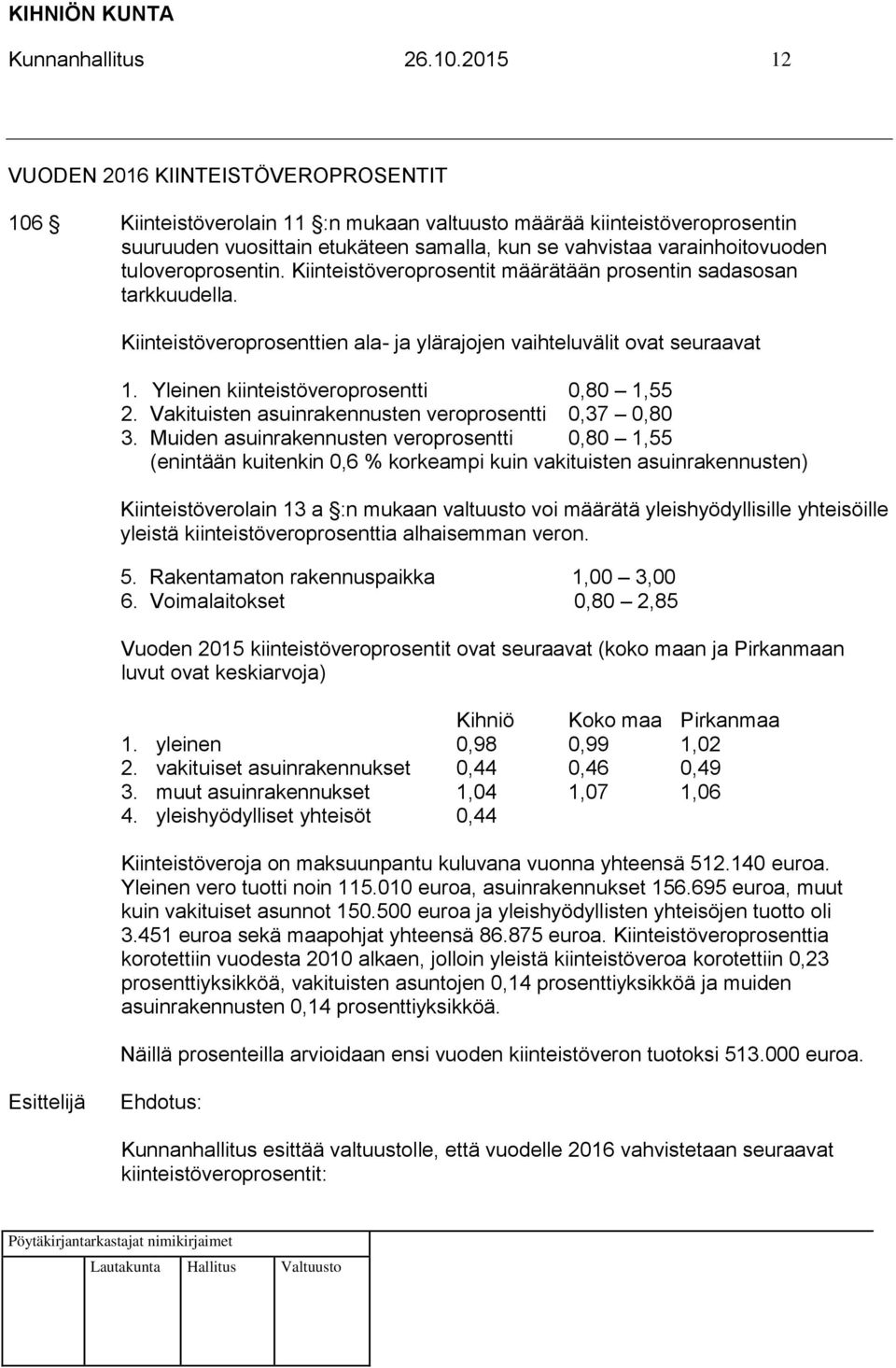 tuloveroprosentin. Kiinteistöveroprosentit määrätään prosentin sadasosan tarkkuudella. Kiinteistöveroprosenttien ala- ja ylärajojen vaihteluvälit ovat seuraavat 1.