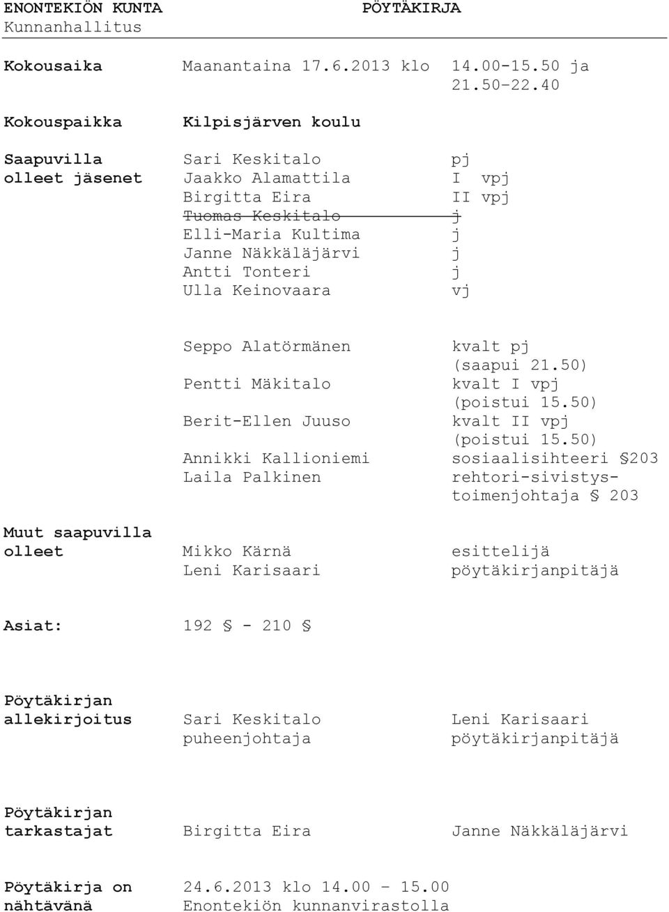 Keinovaara vj Seppo Alatörmänen kvalt pj (saapui 21.50) Pentti Mäkitalo kvalt I vpj (poistui 15.50) Berit-Ellen Juuso kvalt II vpj (poistui 15.