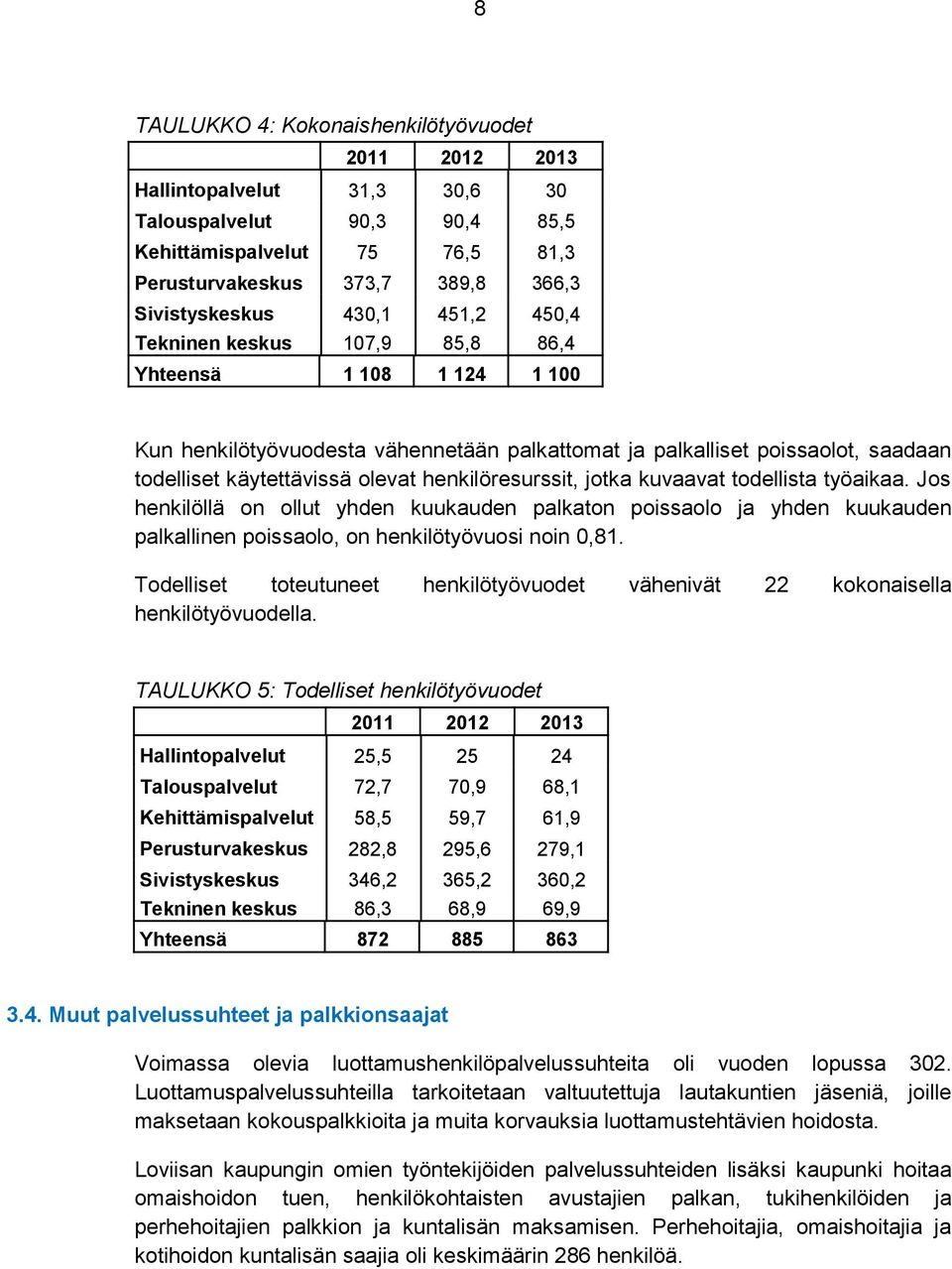 kuvaavat todellista työaikaa. Jos henkilöllä on ollut yhden kuukauden palkaton poissaolo ja yhden kuukauden palkallinen poissaolo, on henkilötyövuosi noin 0,81.